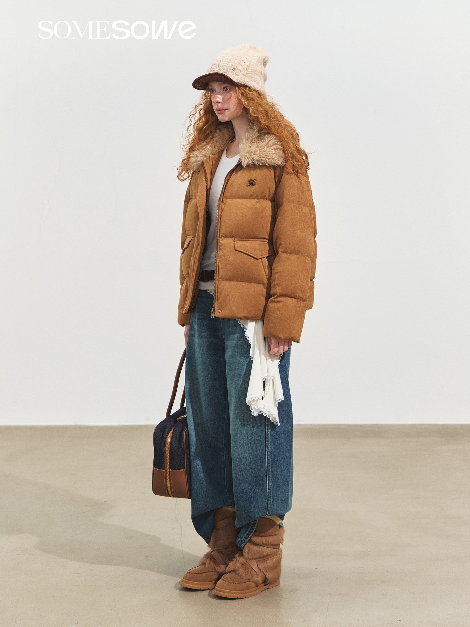 SOMESOWE Suede Stitching Fur Collar Down Jacket In Camel | MADAX