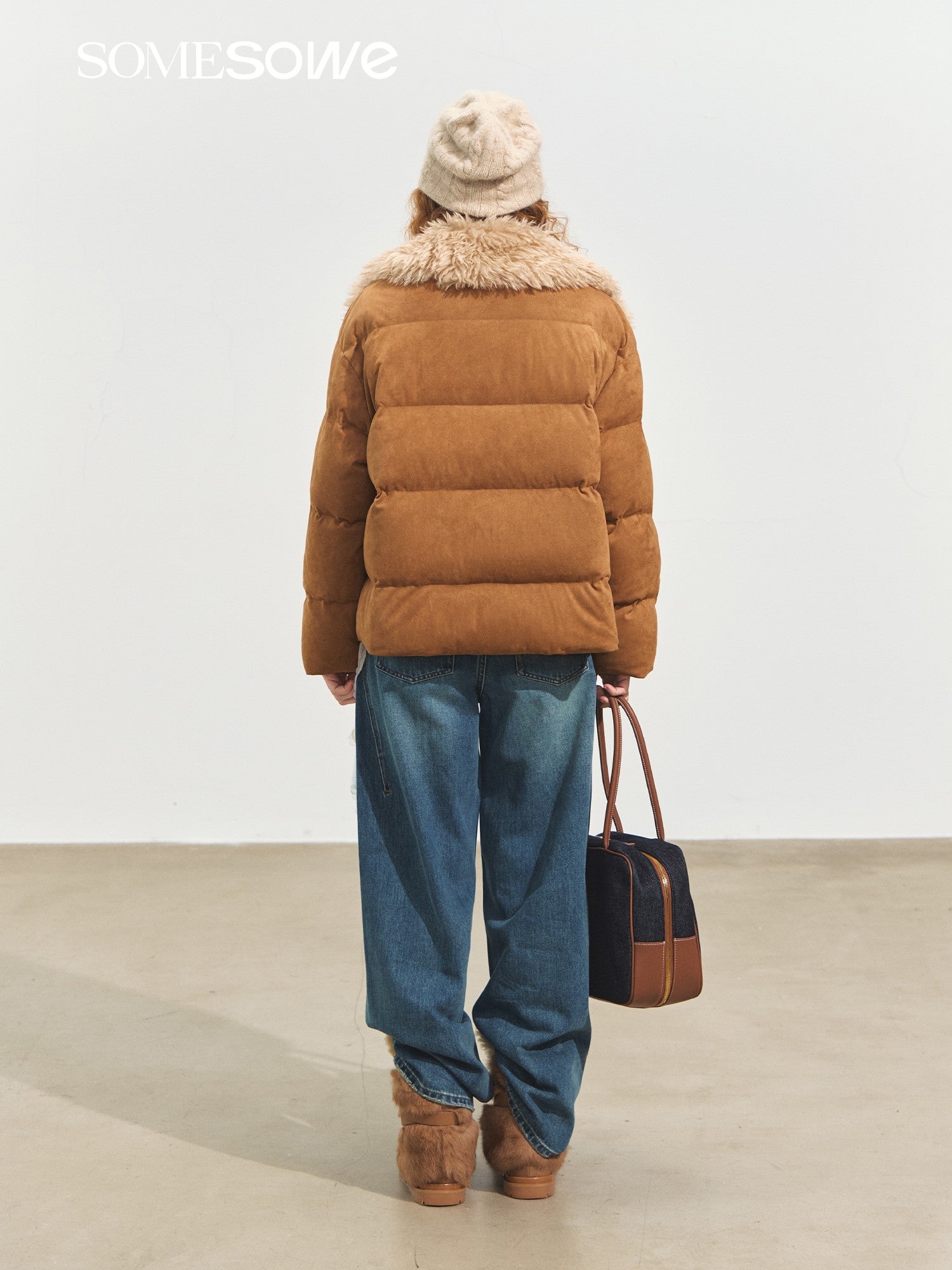 SOMESOWE Suede Stitching Fur Collar Down Jacket In Camel | MADAX