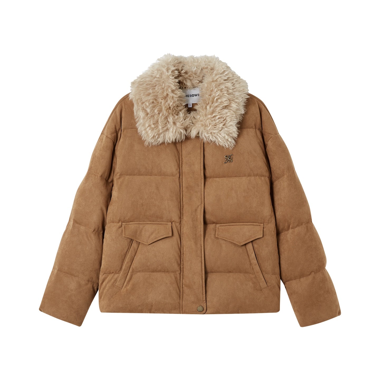 SOMESOWE Suede Stitching Fur Collar Down Jacket In Camel | MADAX
