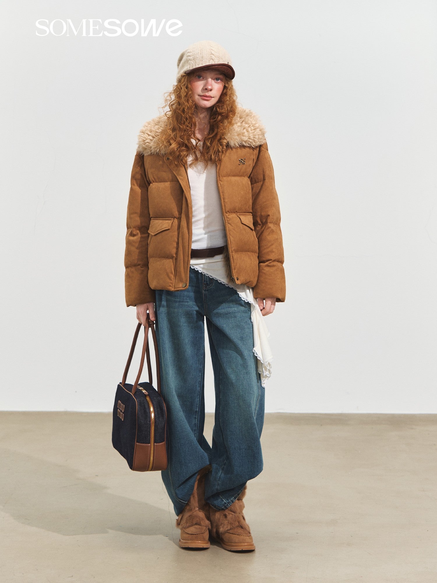 SOMESOWE Suede Stitching Fur Collar Down Jacket In Camel | MADAX