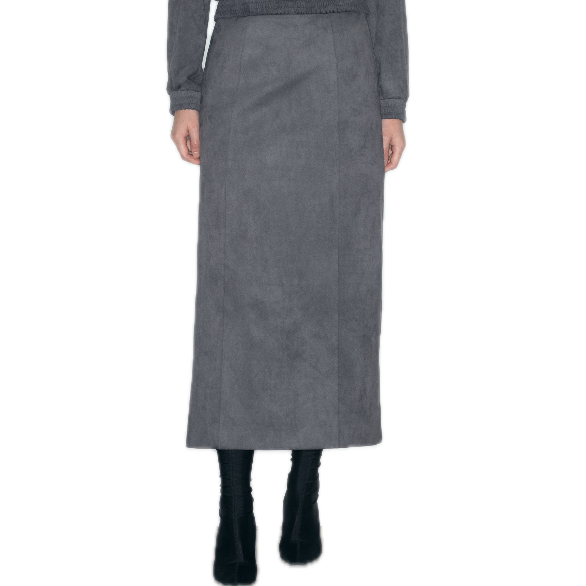 NECESSARY ANANKE Suede Topstitched Midi Skirt In Gray | MADAX