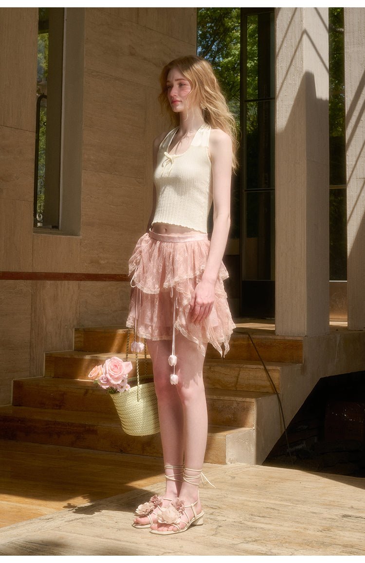 Group of Universe "Sunshine at 12:30" Bowknot Halter Neck Knitted Vest in White | MADAX