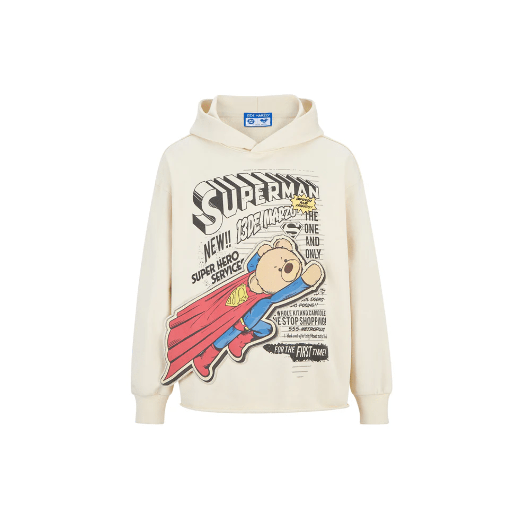 13DE MARZO Superman Bear Comic Patch Hoodie in Beige | MADAX