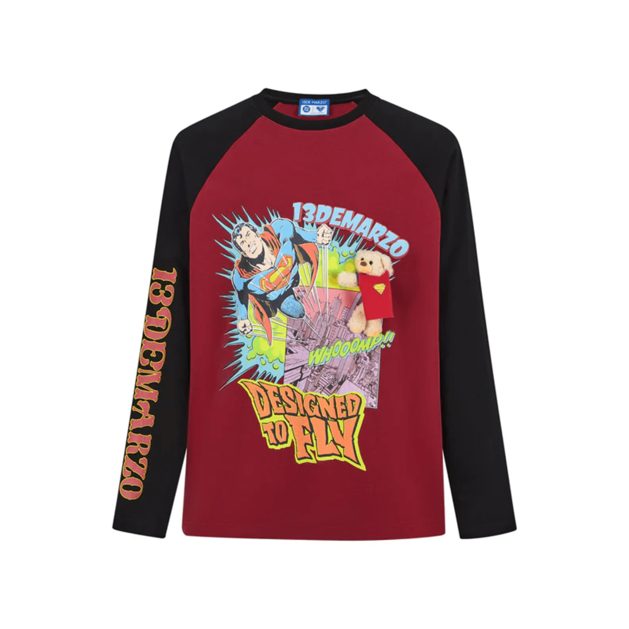 13DE MARZO Superman Bear Raglan Sleeve Long Sleeve T-shirt in Burgundy | MADAX