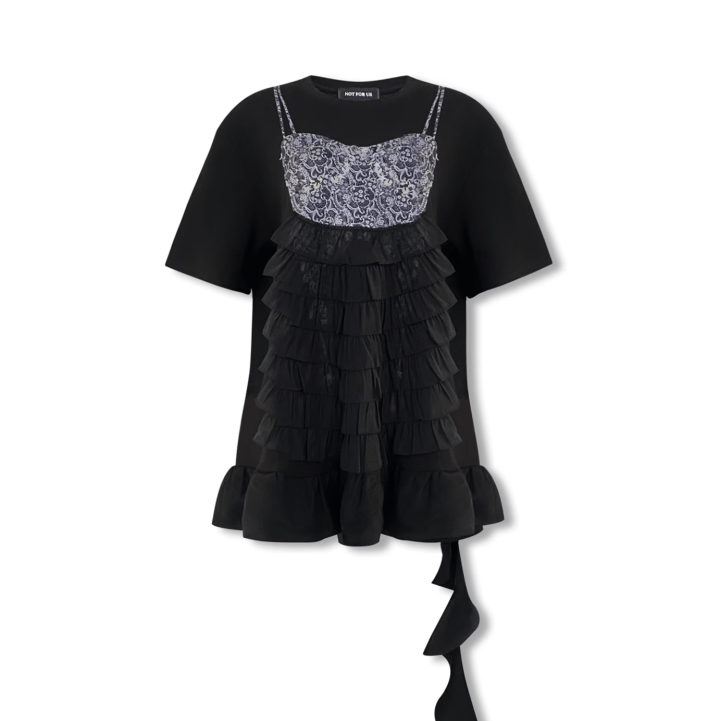 NOT FOR US Suspender Pleated Dress Printed Short Sleeve in Black | MADAX