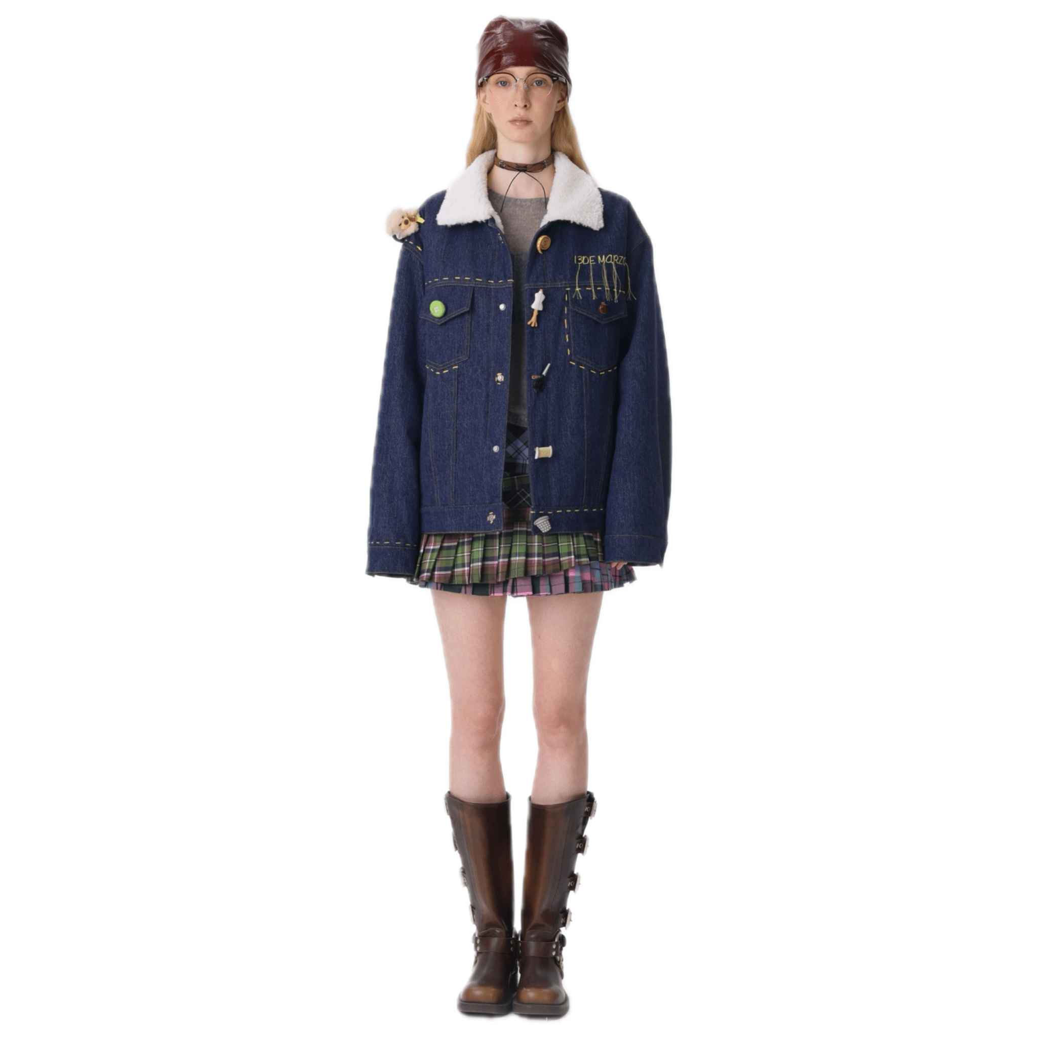 13DE MARZO Tailor Bear Faux Lambswool Jacket in Blue | MADAX