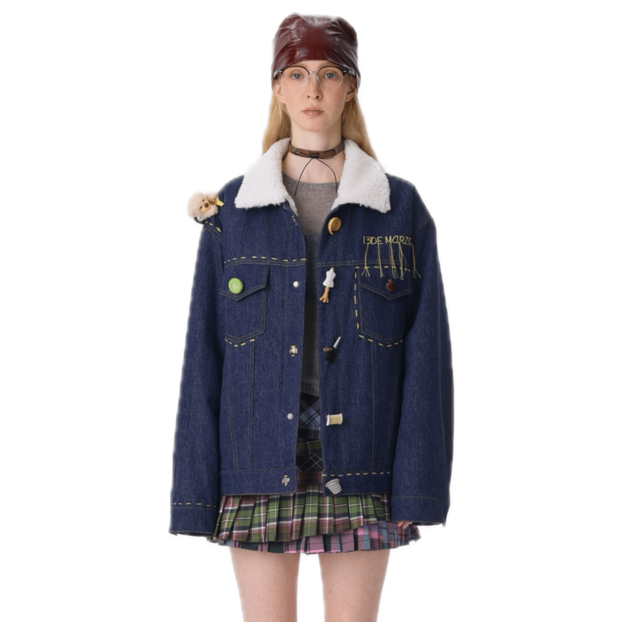 13DE MARZO Tailor Bear Faux Lambswool Jacket in Blue | MADAX