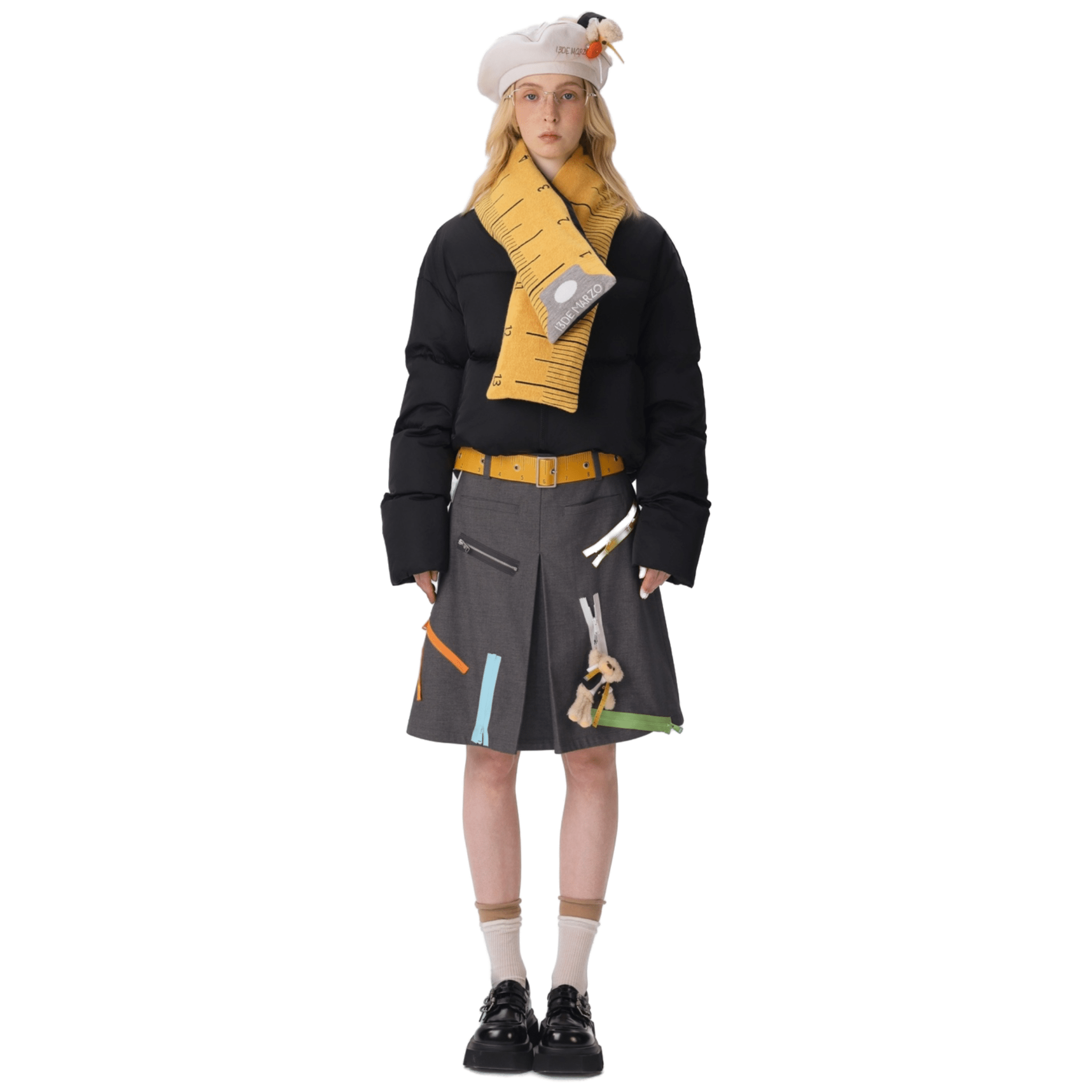 13DE MARZO Tailor Bear Ruler Zipper Skirt in Gray | MADAX