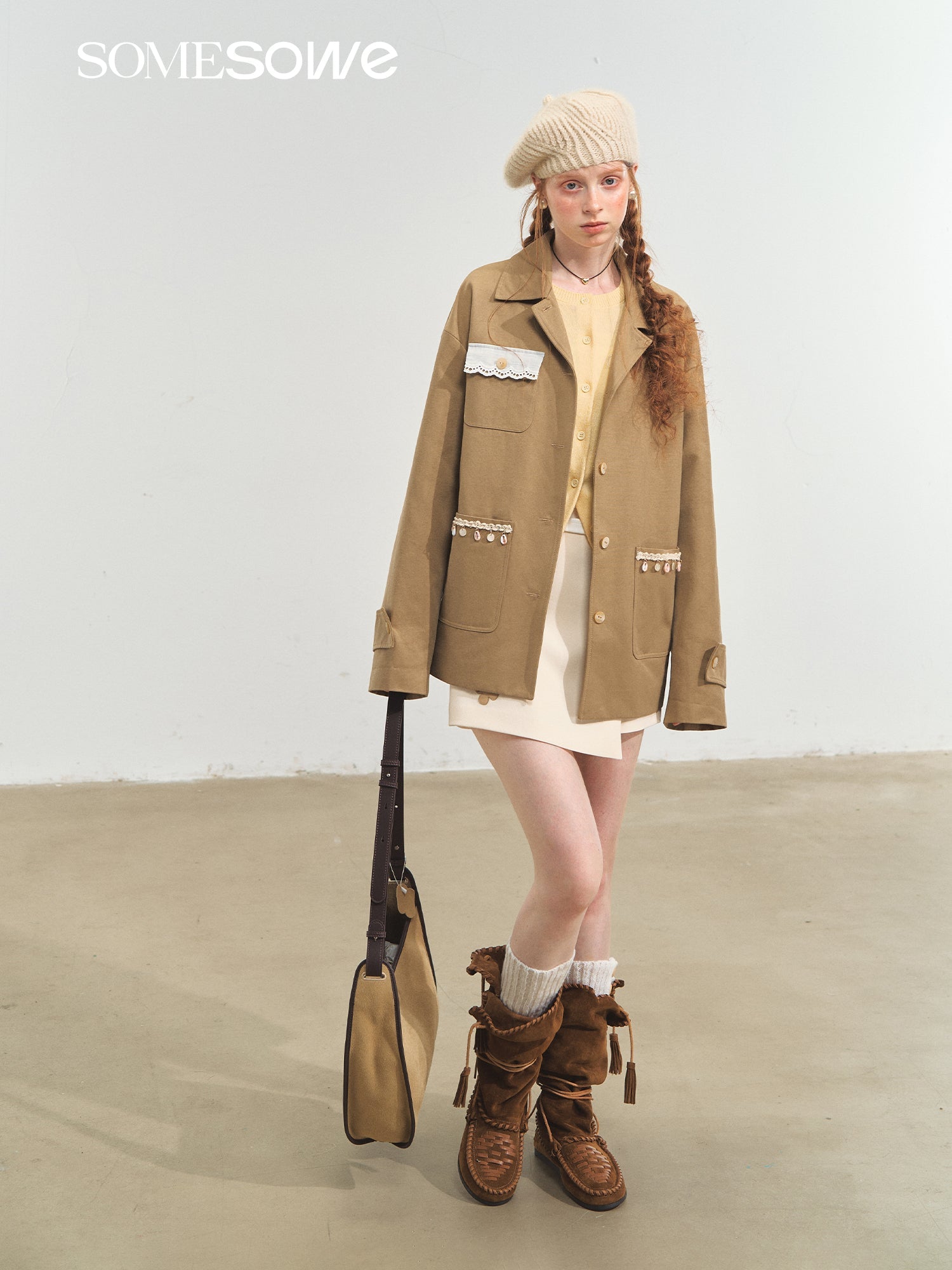 SOMESOWE Tassel Drop Shoulder Silhouette Coat In Khaki | MADAX