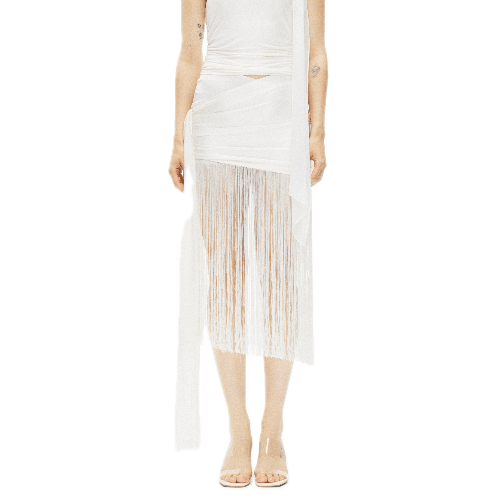 ARTE PURA Tassel Ribbon Pleated Acetate Satin Skirt In White | MADAX