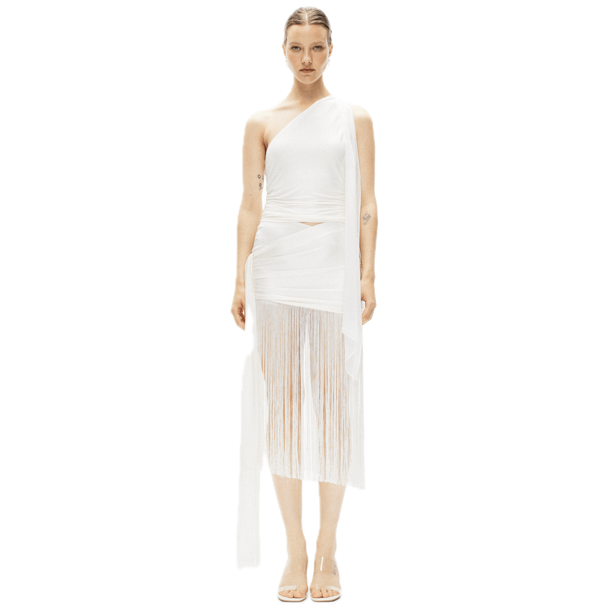 ARTE PURA Tassel Ribbon Pleated Acetate Satin Skirt In White | MADAX