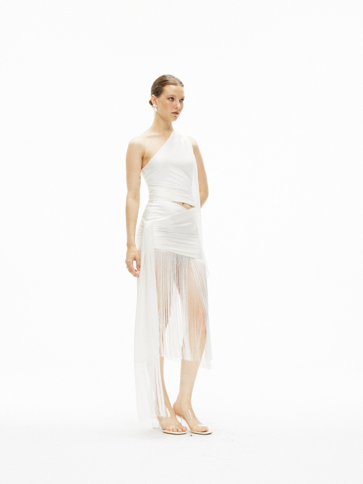 ARTE PURA Tassel Ribbon Pleated Acetate Satin Skirt In White | MADAX