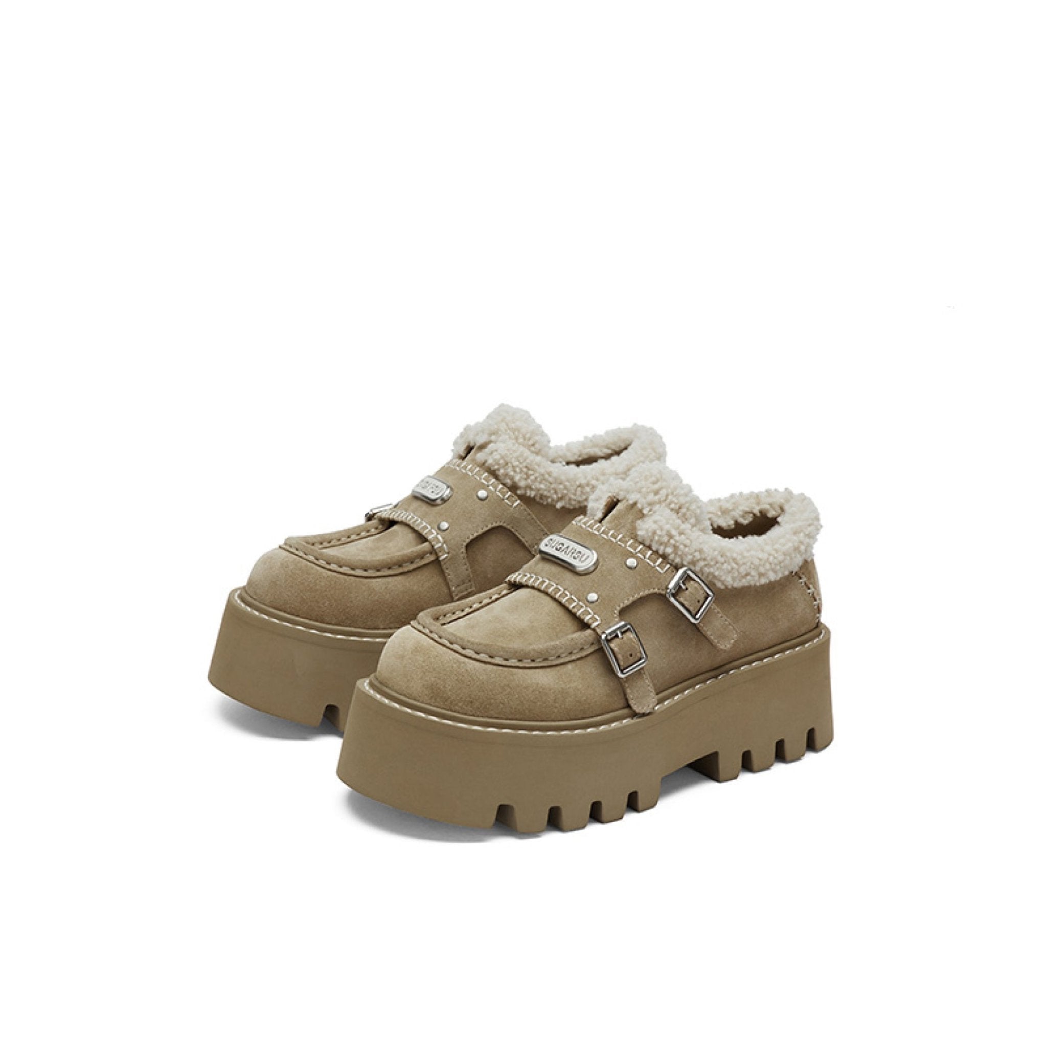 Sugar Su Thick Soled Fluffy Loafers Khaki | MADAX