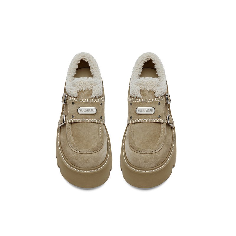 Sugar Su Thick Soled Fluffy Loafers Khaki | MADAX