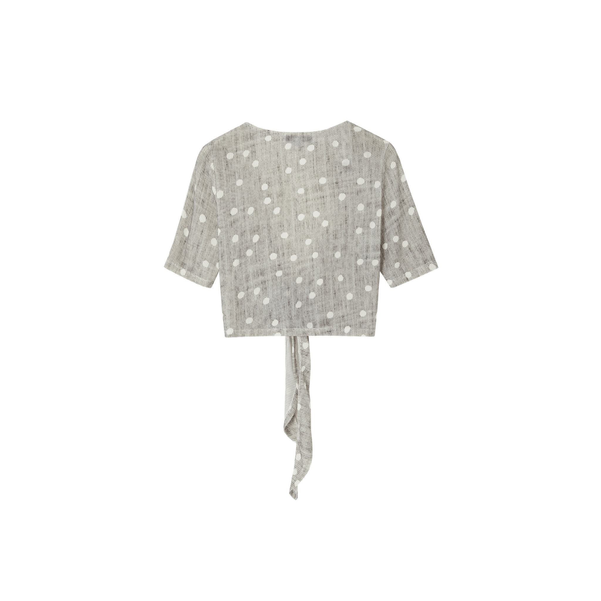 SOMESOWE Tie-up mid-sleeve knit cardigan in Gray Polka Dot | MADAX