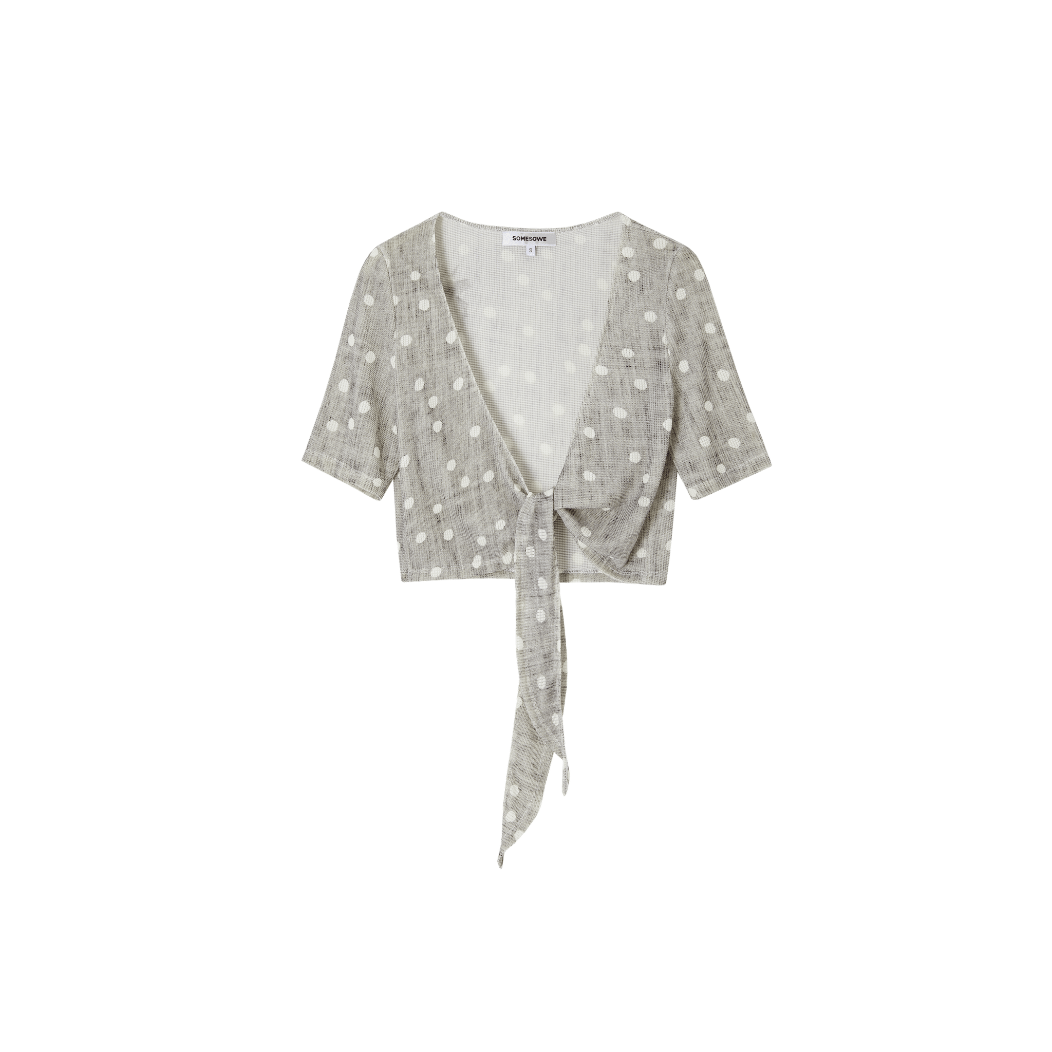 SOMESOWE Tie-up mid-sleeve knit cardigan in Gray Polka Dot | MADAX