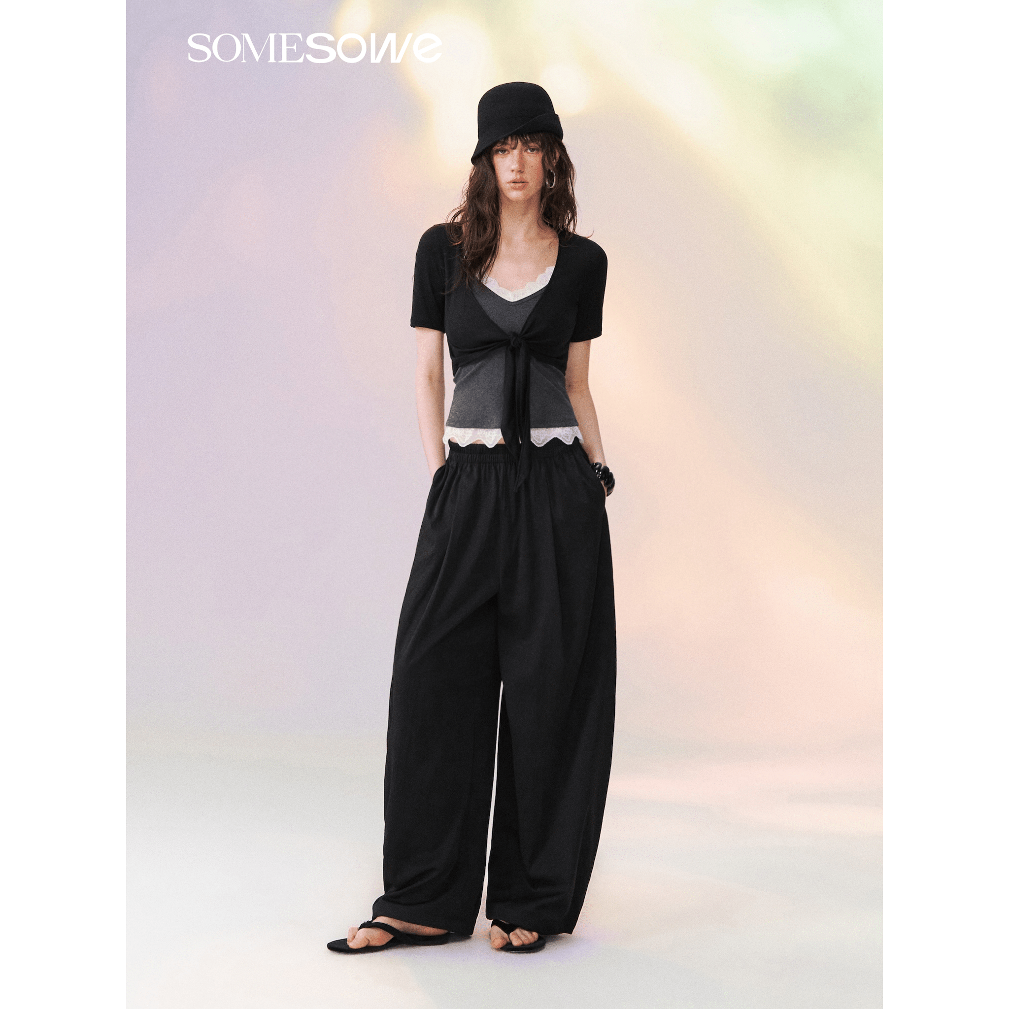 SOMESOWE Tie-waist Mid-sleeve Knit Cardigan in Black | MADAX