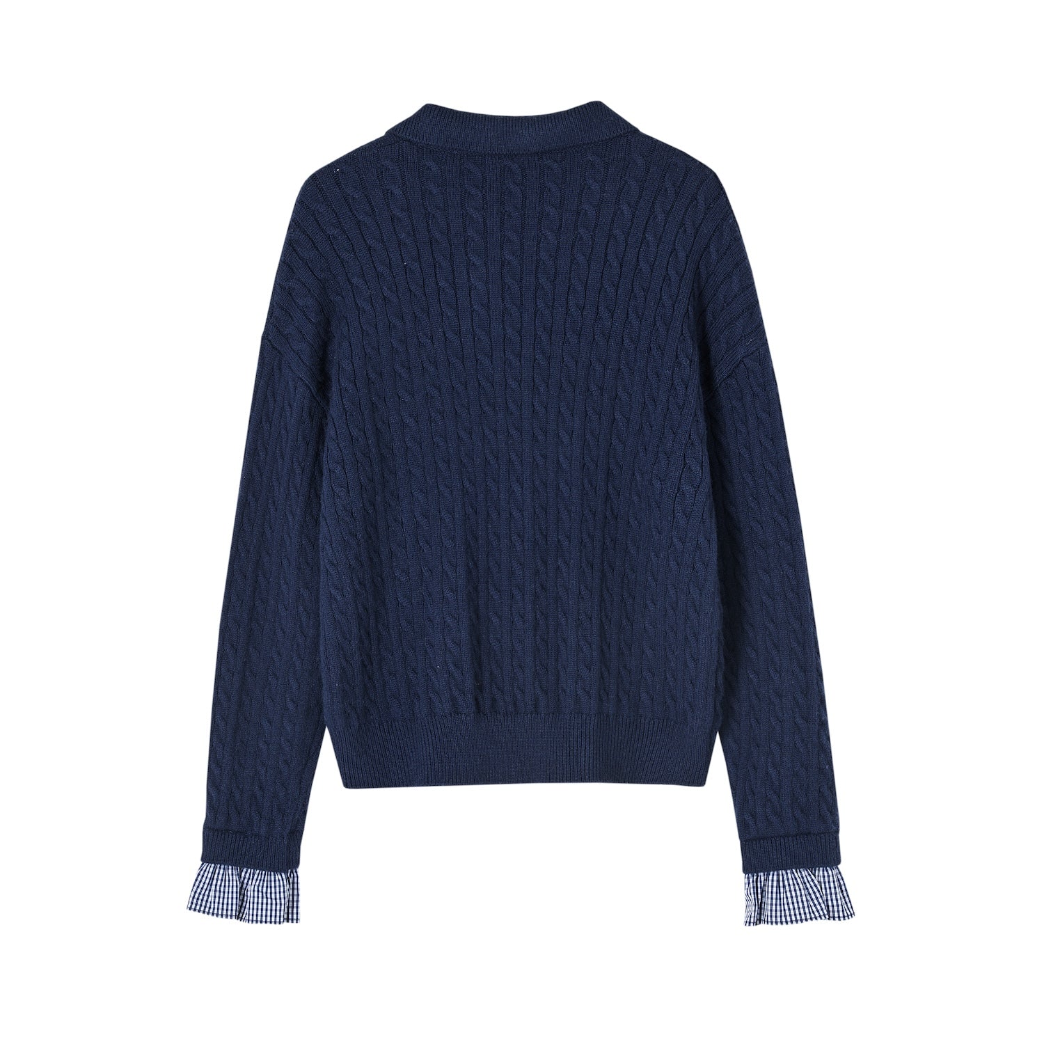 SOMESOWE Twisted Polo Collar Checked Patchwork Sweater In Navy Blue | MADAX