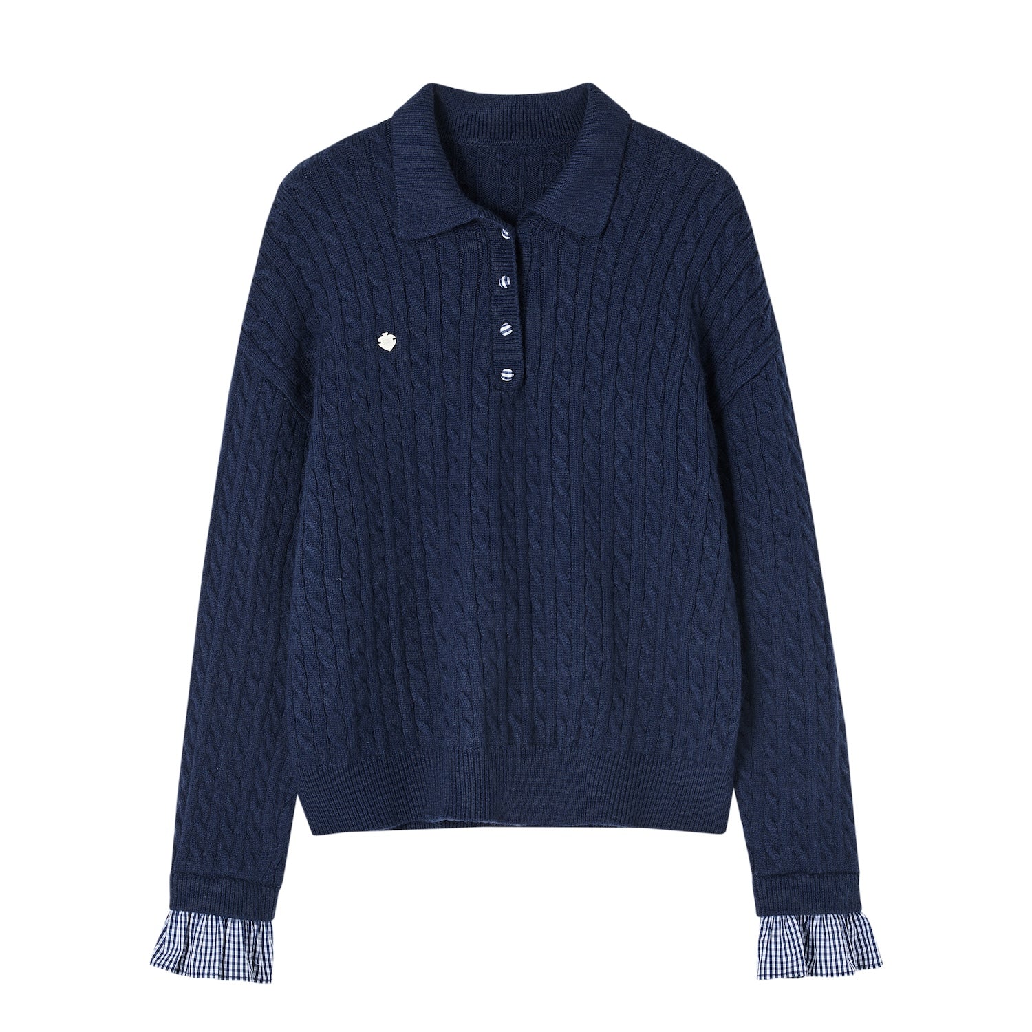 SOMESOWE Twisted Polo Collar Checked Patchwork Sweater In Navy Blue | MADAX