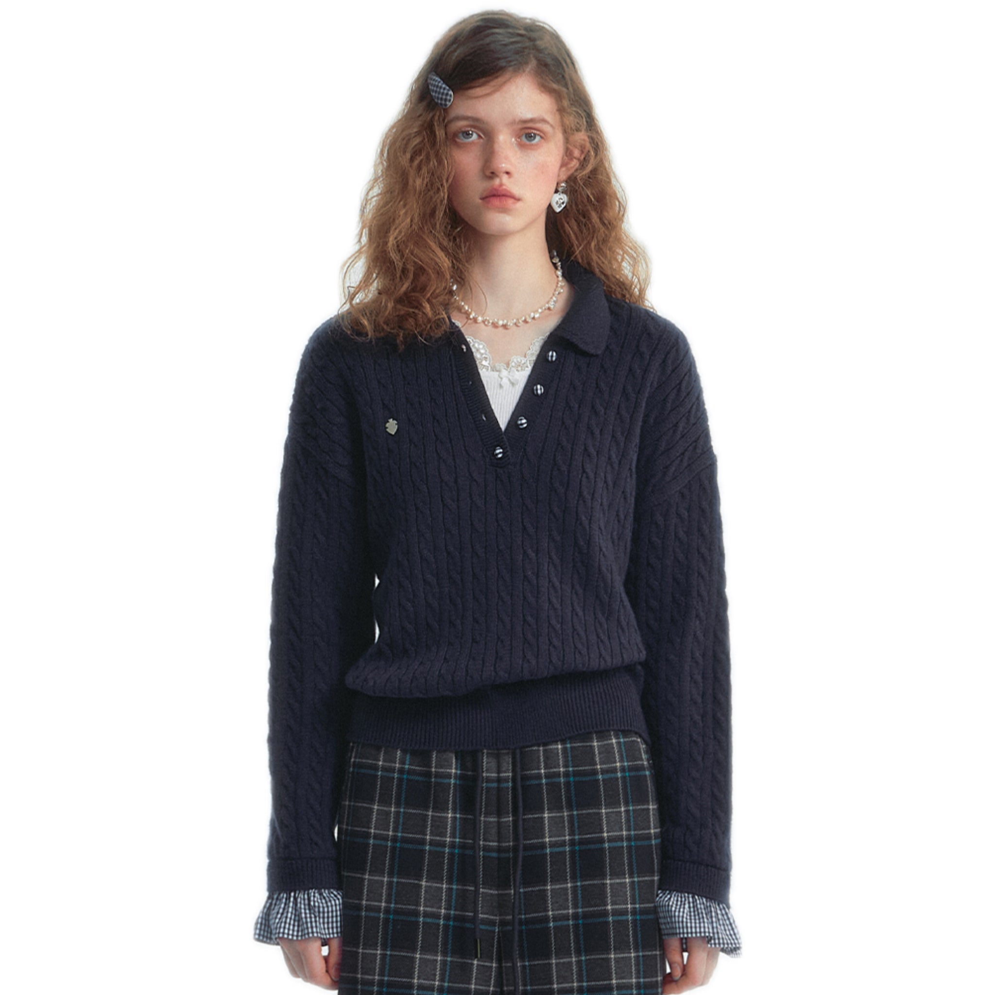 SOMESOWE Twisted Polo Collar Checked Patchwork Sweater In Navy Blue | MADAX