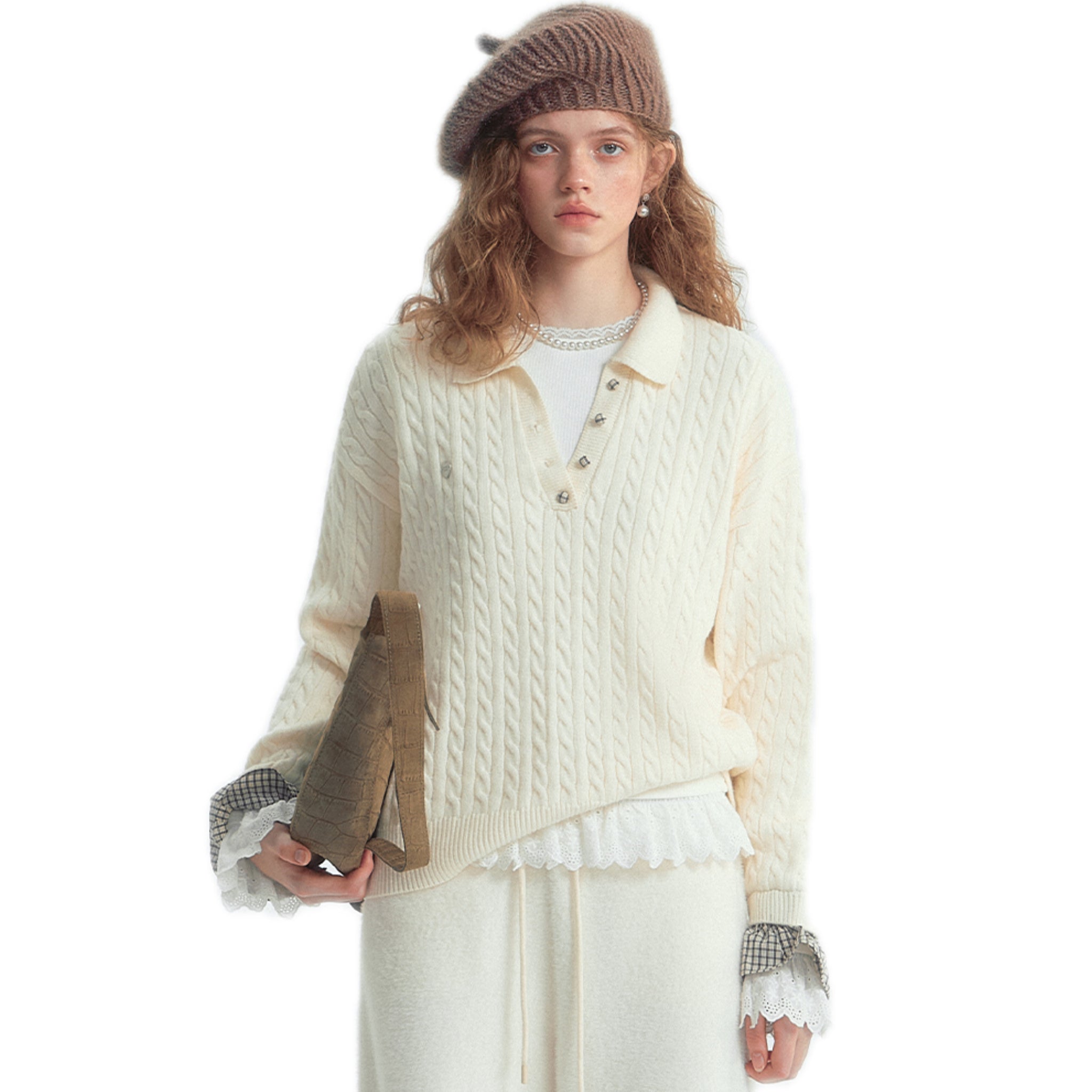 SOMESOWE Twisted Polo Collar Checked Patchwork Sweater In White | MADAX