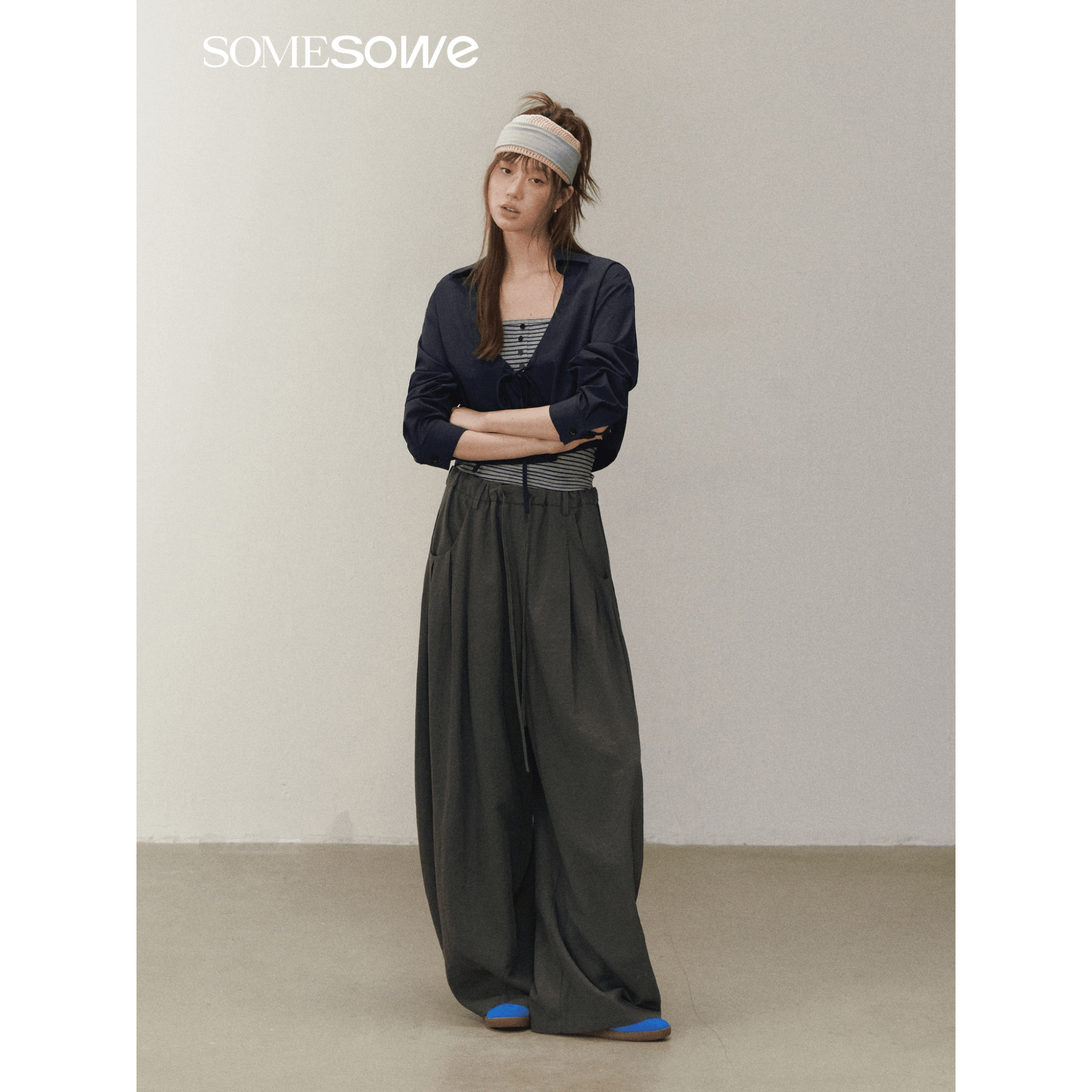 SOMESOWE Two Layered Long-sleeved Tops in Navy Blue | MADAX