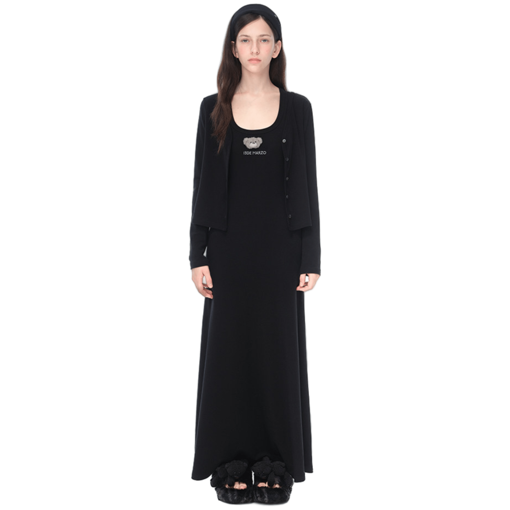 13DE MARZO Two - piece Long Dress with Belted Cardigan in Black | MADAX