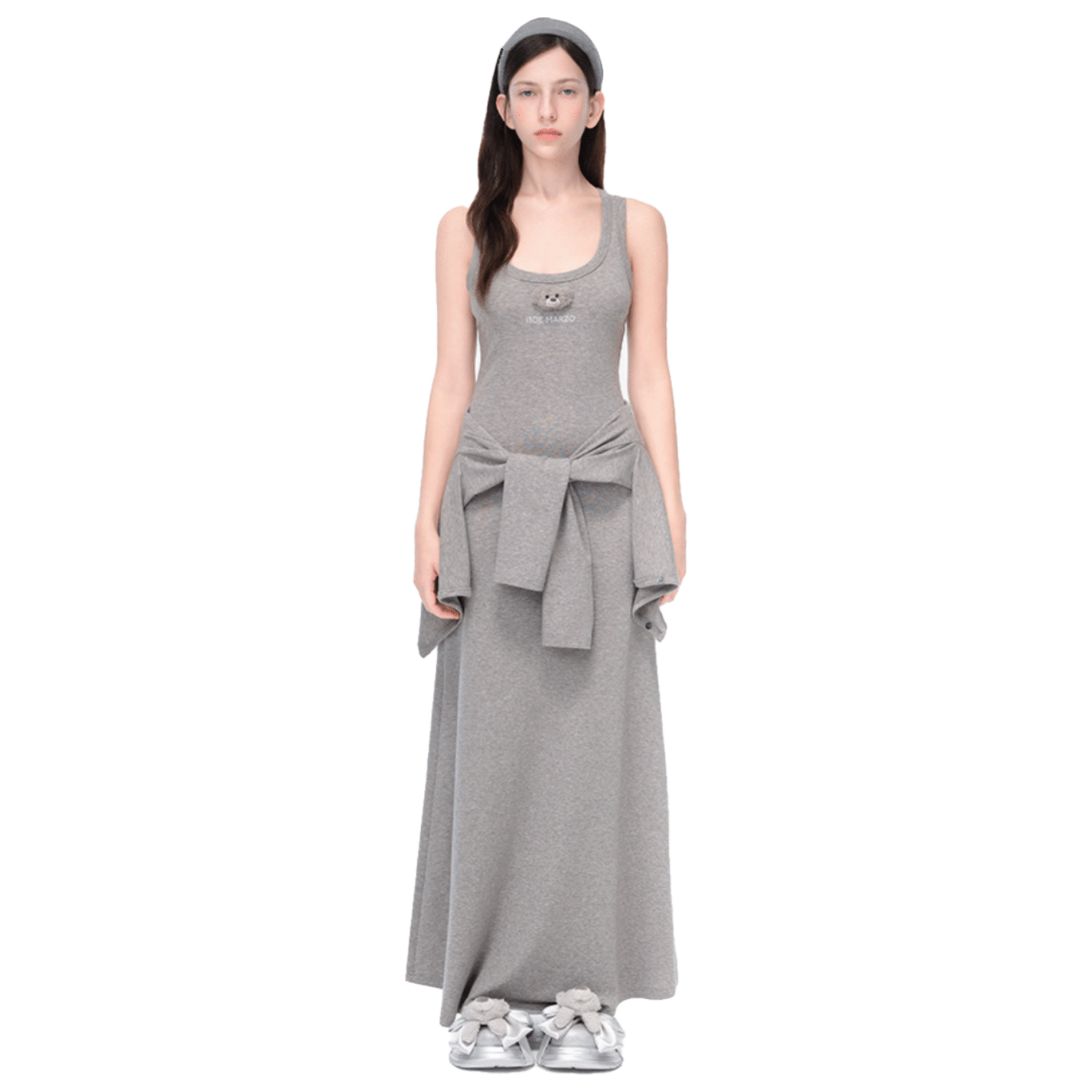13DE MARZO Two - piece Long Dress with Belted Cardigan in Gray | MADAX