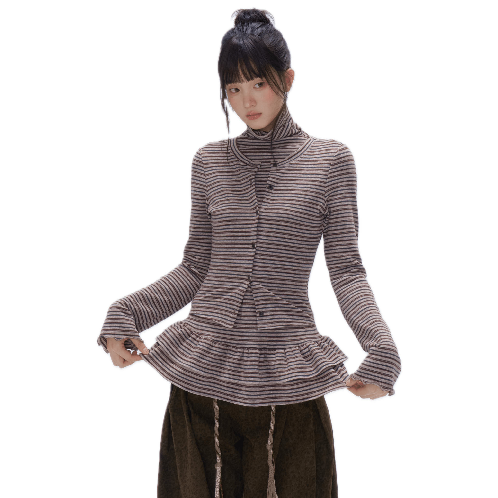 CHAOSCHAOS Two - piece Turtleneck Lace Top with Brown Striped Turtleneck Blouse | MADAX