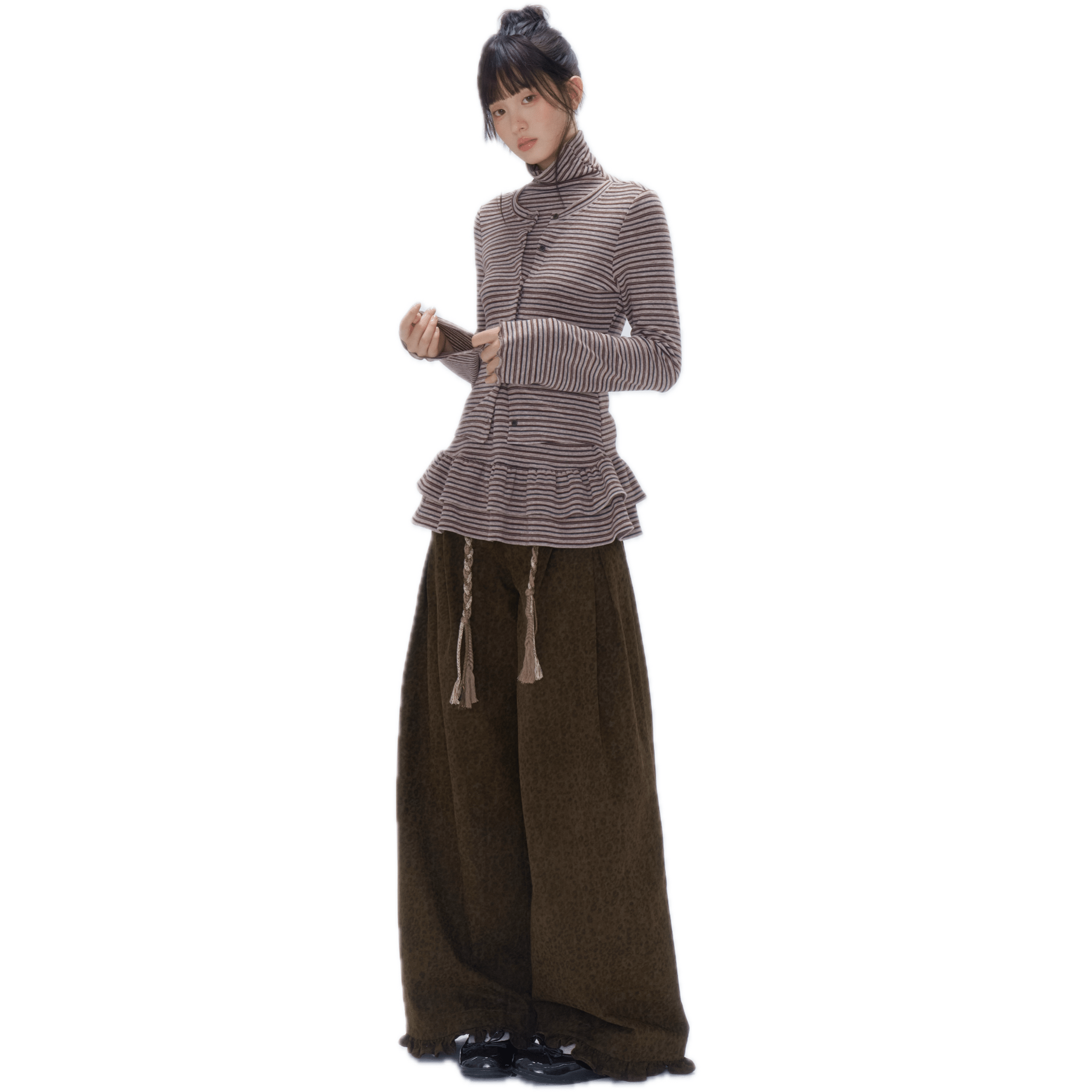 CHAOSCHAOS Two - piece Turtleneck Lace Top with Brown Striped Turtleneck Blouse | MADAX