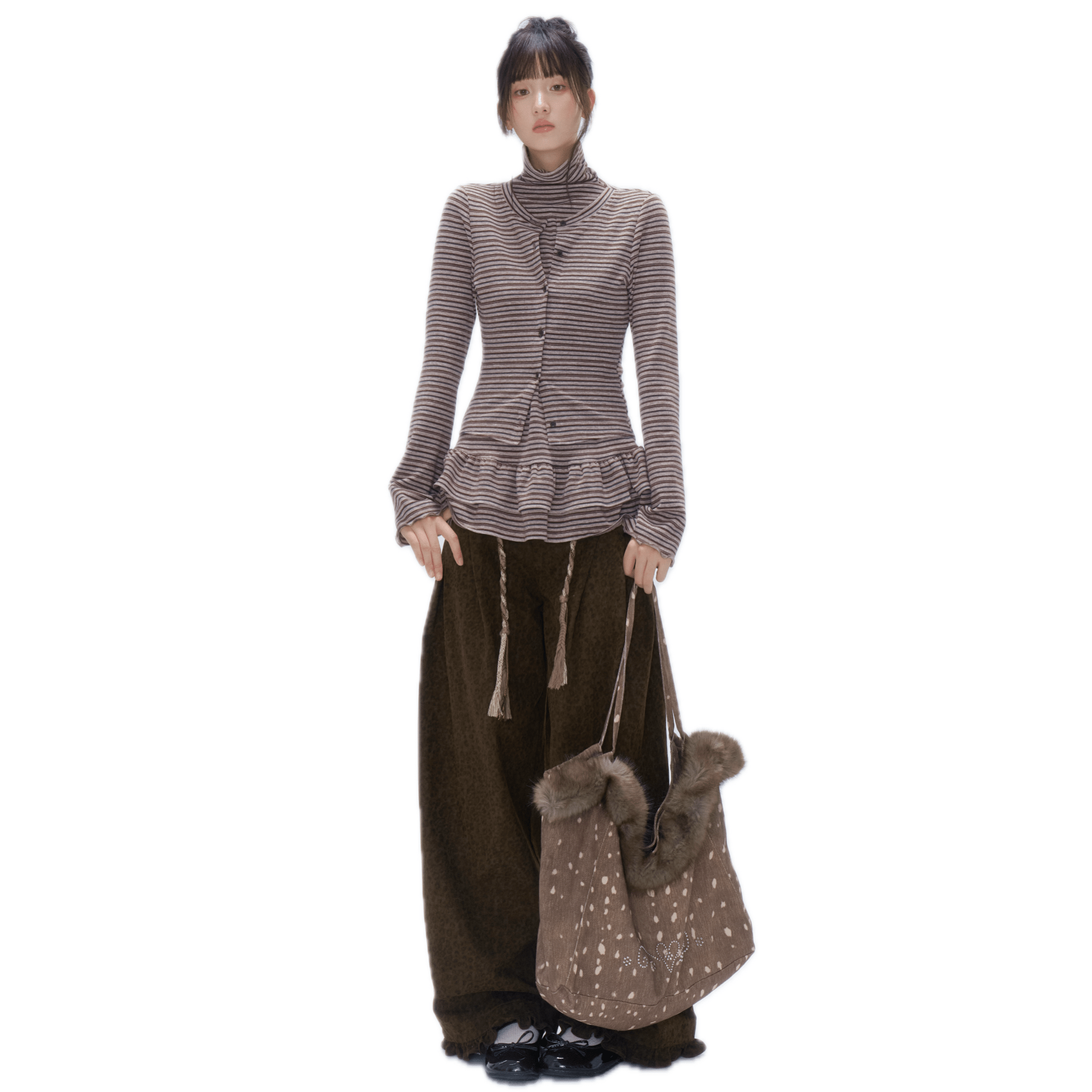 CHAOSCHAOS Two - piece Turtleneck Lace Top with Brown Striped Turtleneck Blouse | MADAX