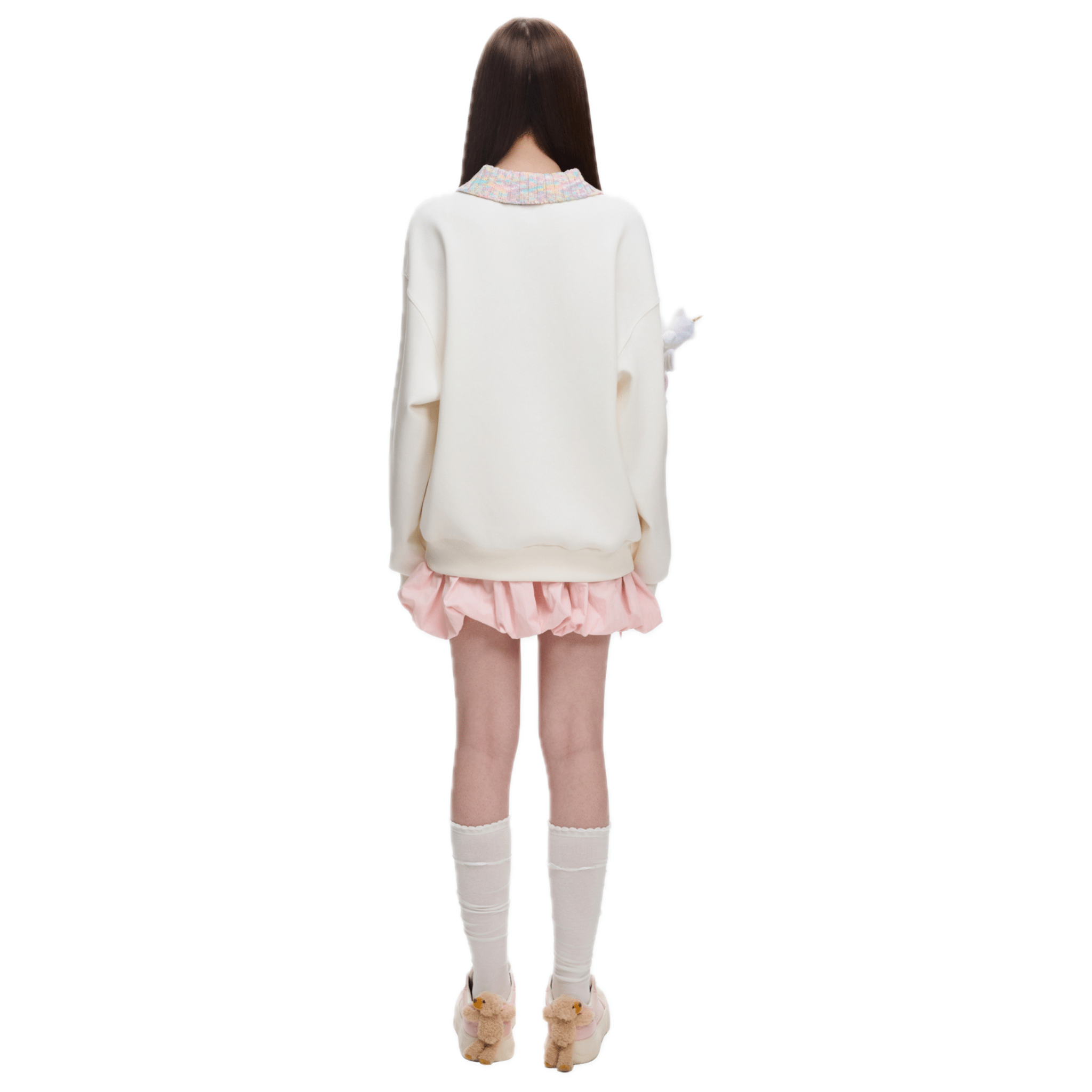 13DE MARZO Unicorn Bear Knitted Collar Sweatshirt in White | MADAX