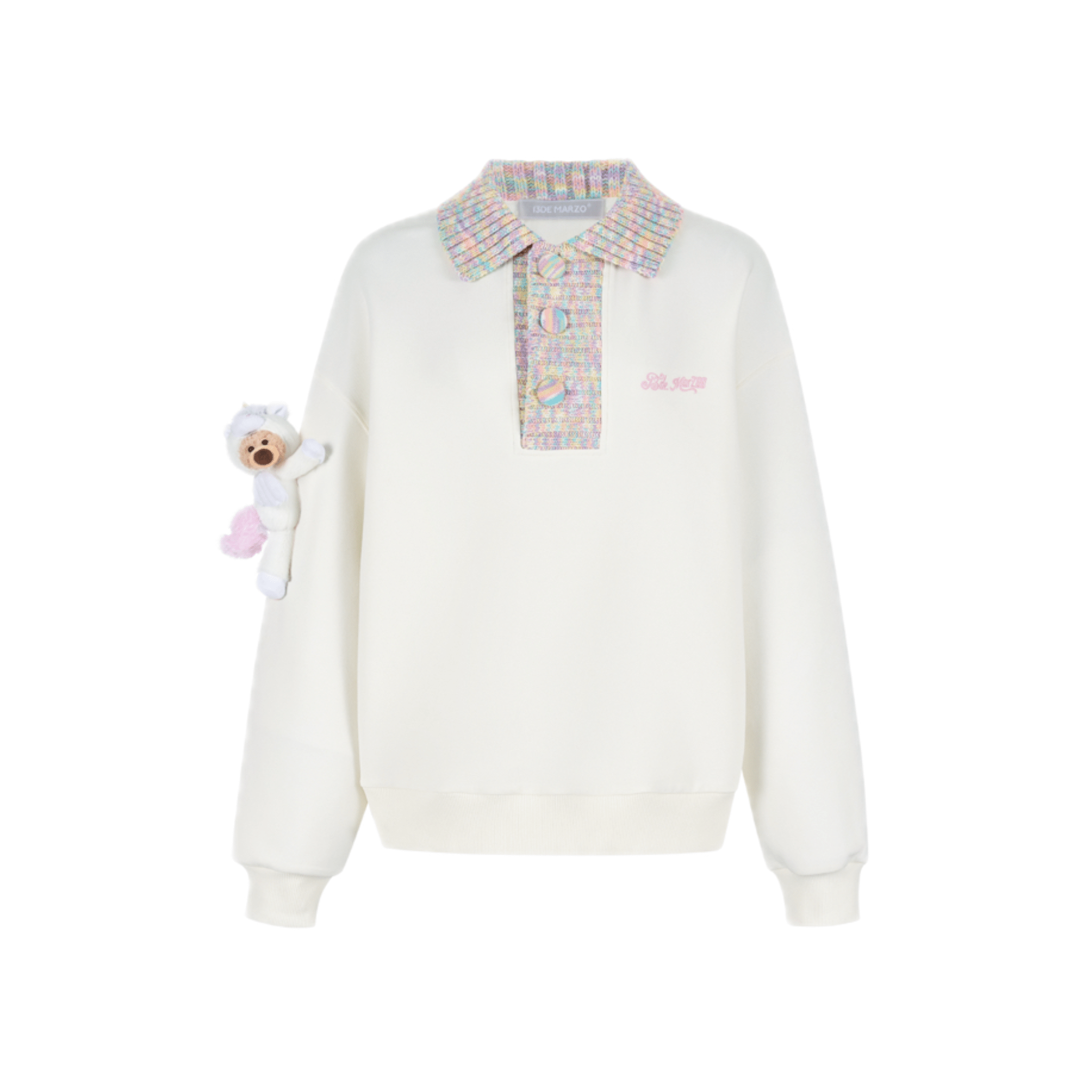 13DE MARZO Unicorn Bear Knitted Collar Sweatshirt in White | MADAX