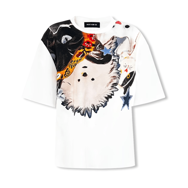 NOT FOR US "Upside - down Cat" Printed Star Short - sleeve in White | MADAX