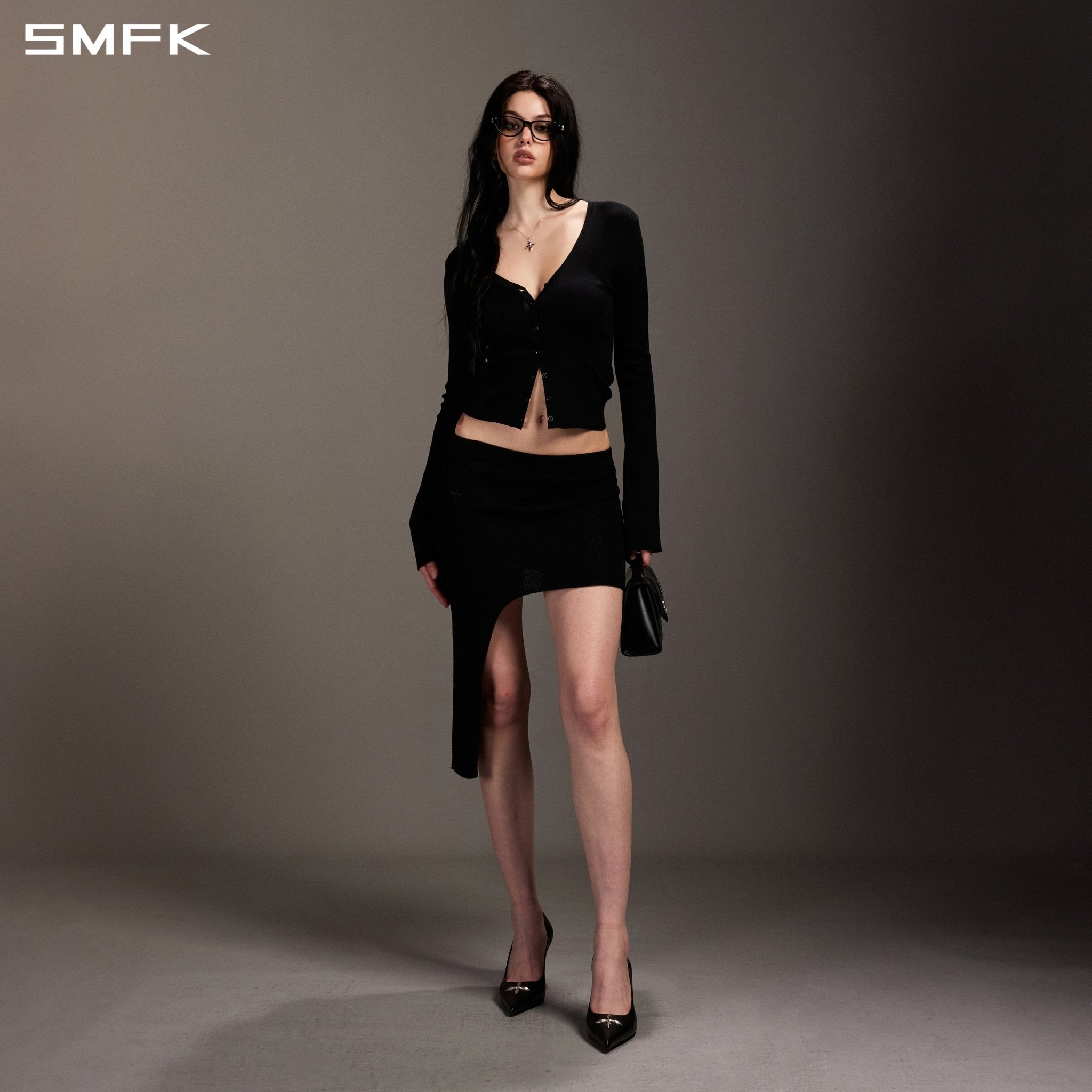 SMFK V-Neck Knit Cardigan in Black | MADAX