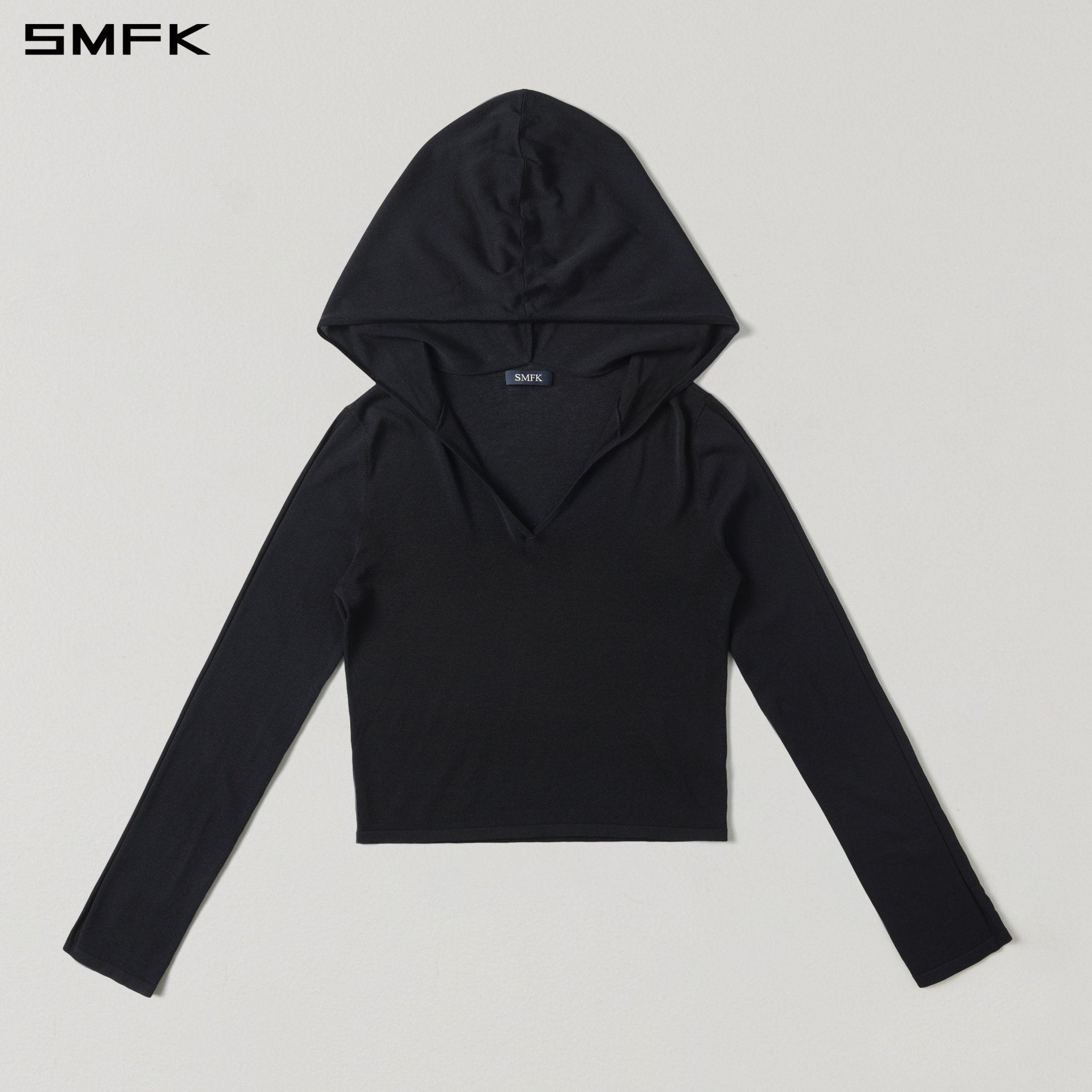 SMFK V-Neck Knit Hoodie in Black | MADAX
