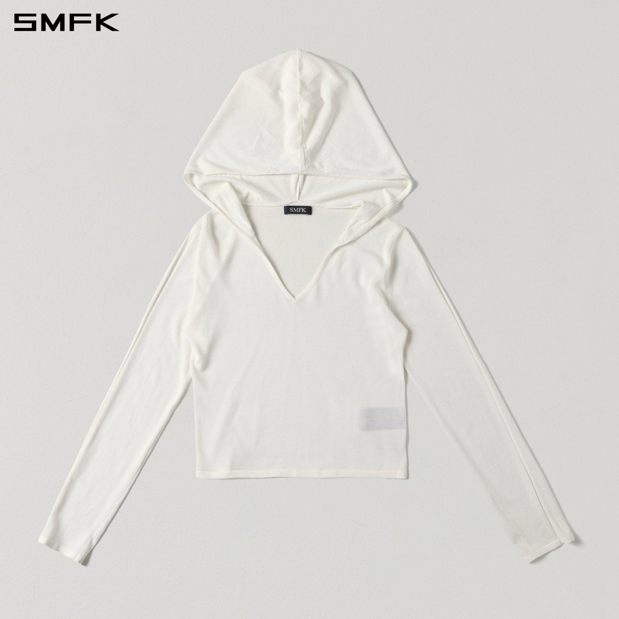 SMFK V-Neck Knit Hoodie in White | MADAX