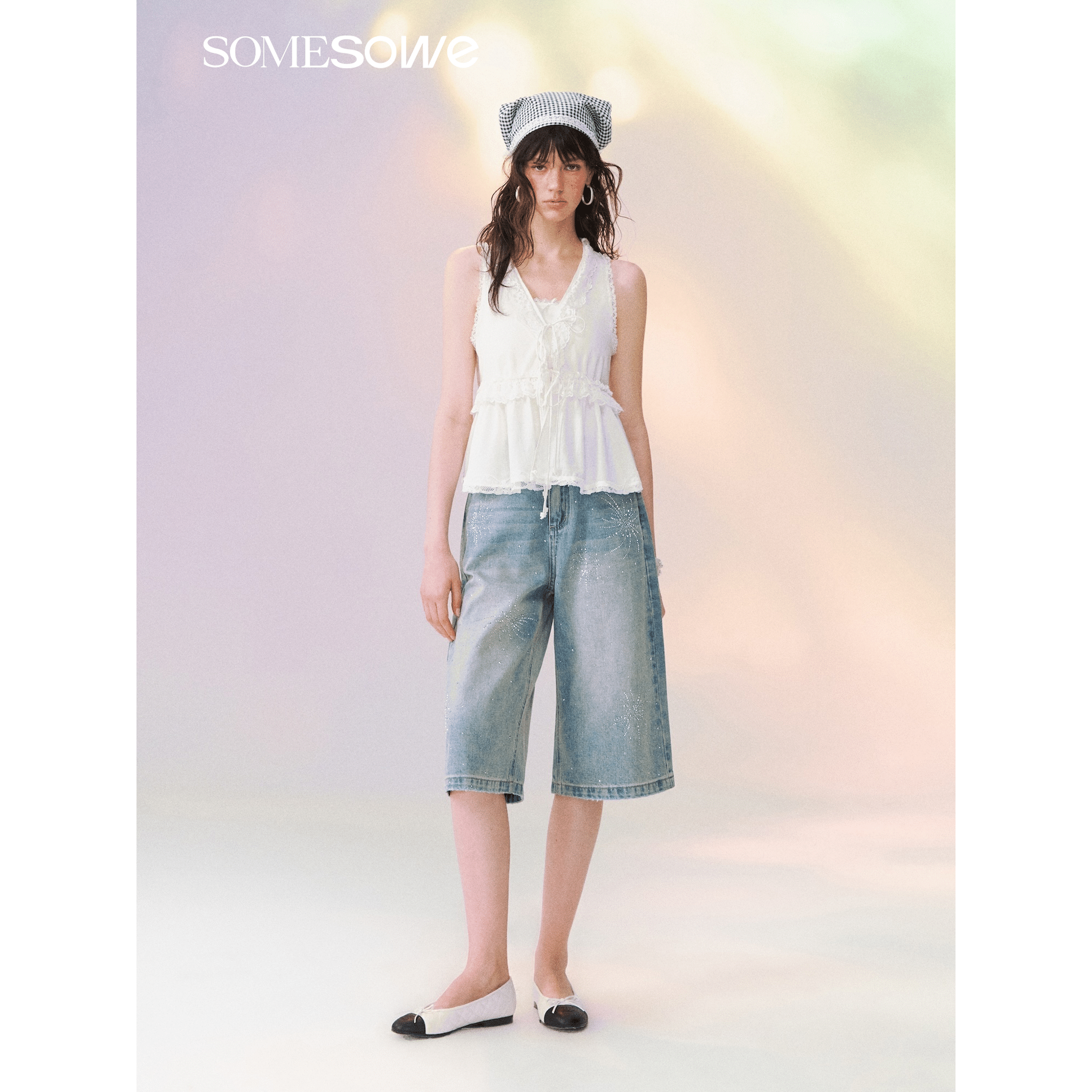 SOMESOWE V-neck Tie-front Lace-trimmed Top in White | MADAX