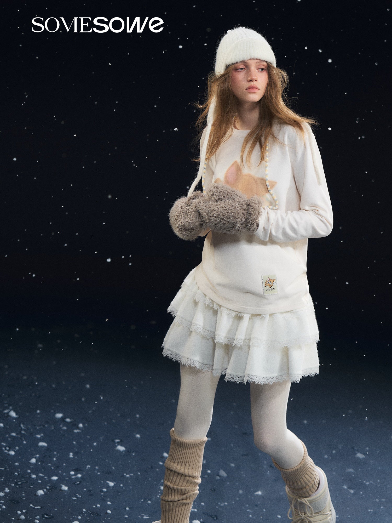 SOMESOWE Velvet Deer Long - Sleeved T-Shirt In Beige | MADAX