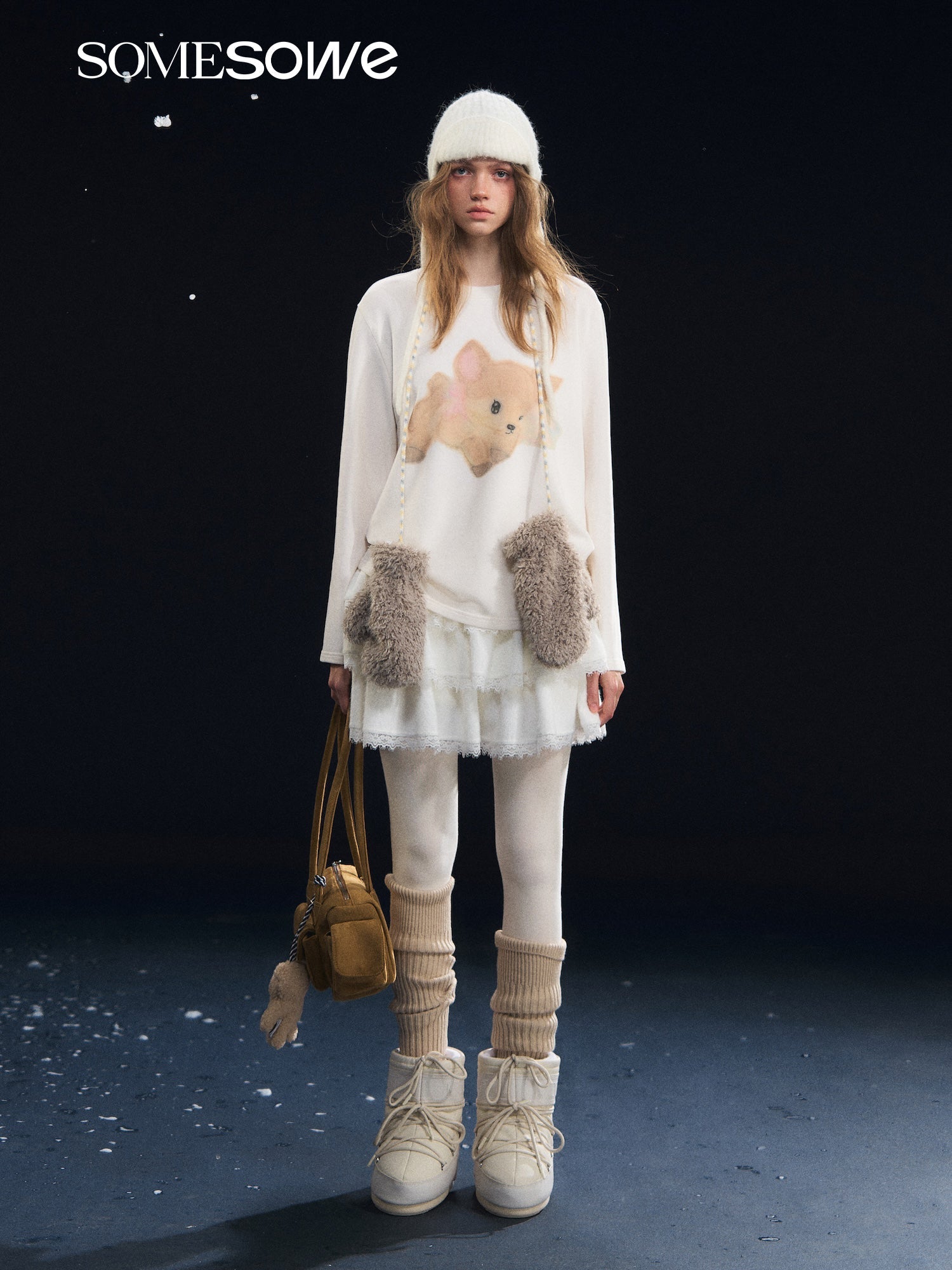 SOMESOWE Velvet Deer Long - Sleeved T-Shirt In Beige | MADAX