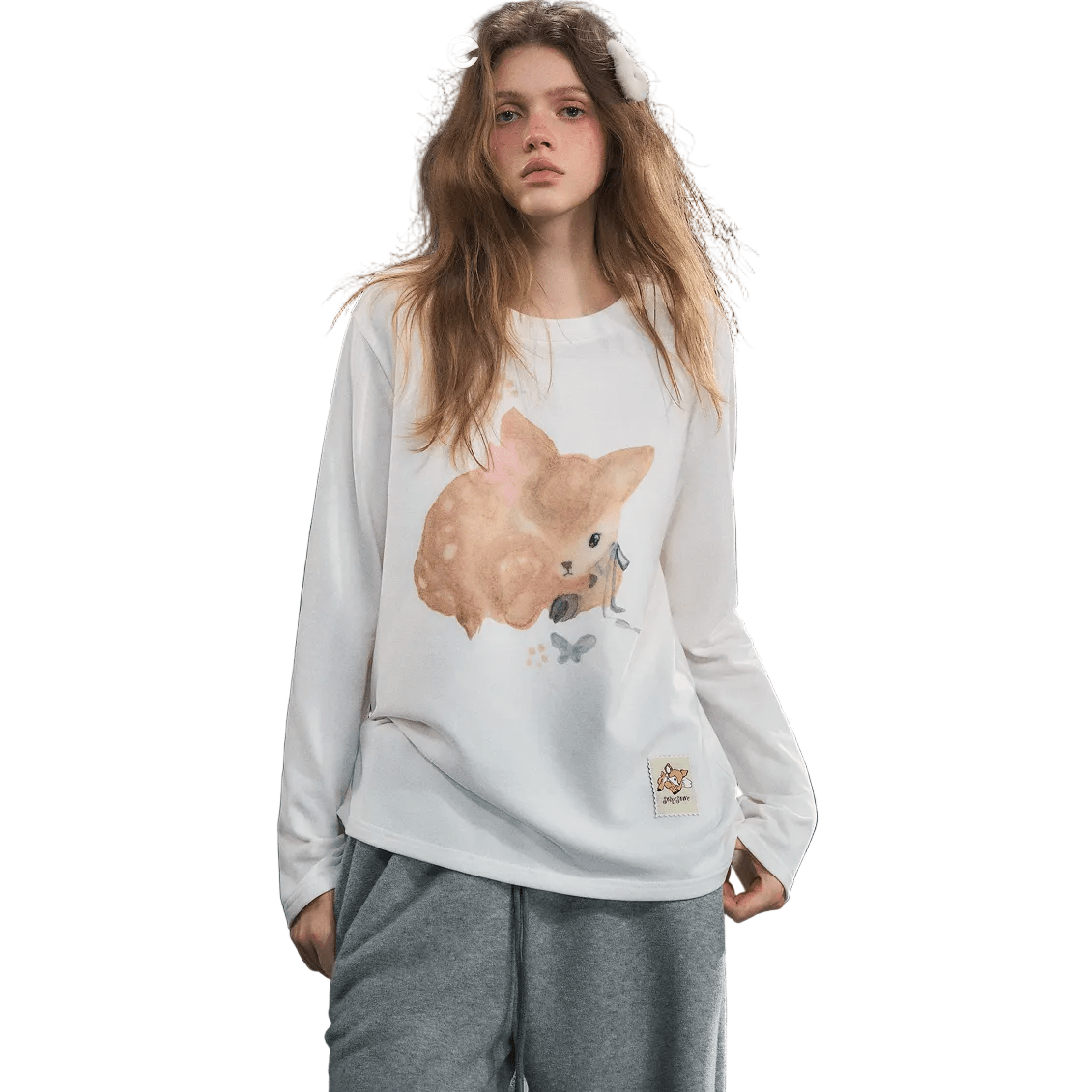 SOMESOWE Velvet Deer Long - Sleeved T-Shirt In Footprint White | MADAX