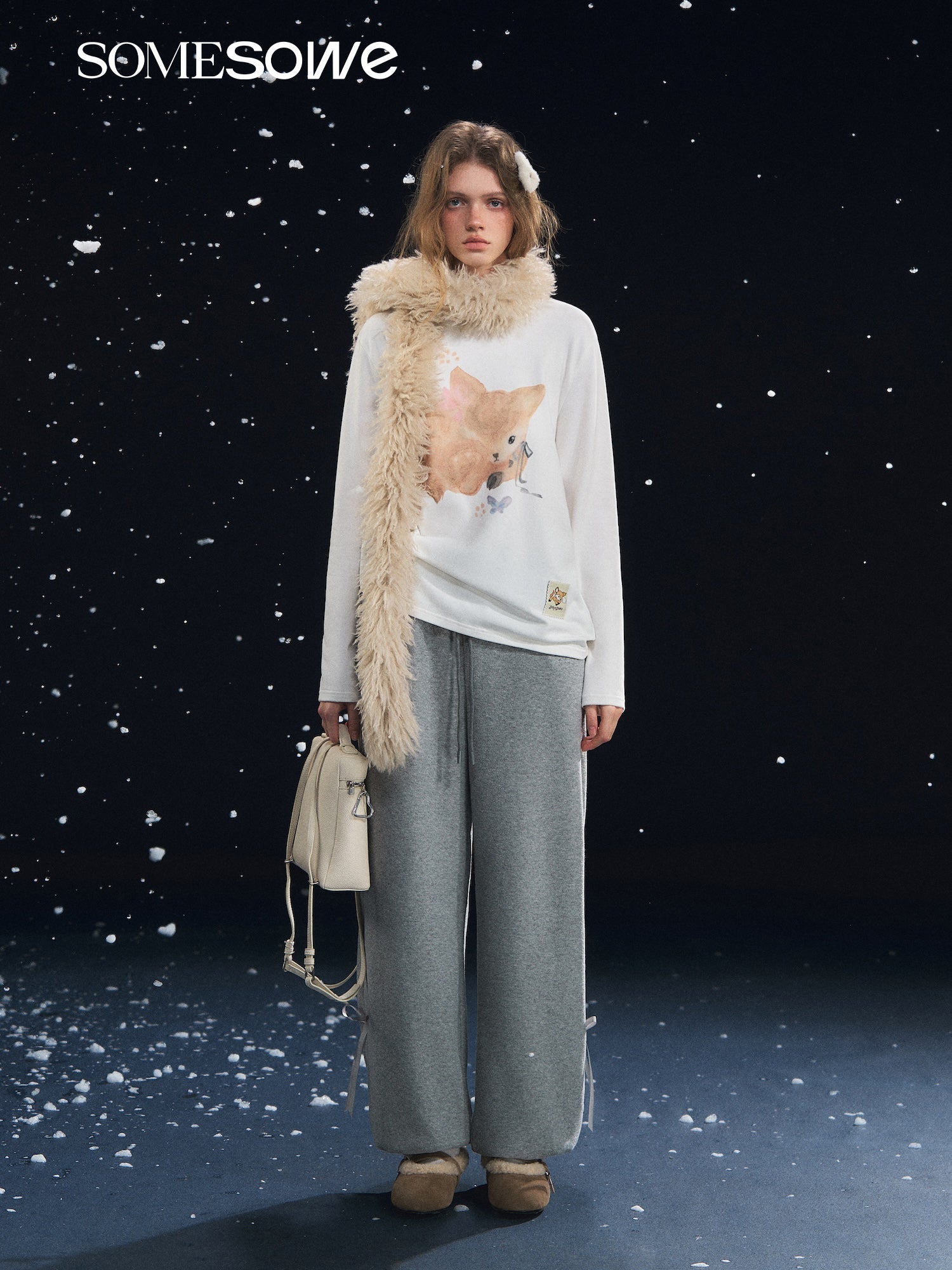 SOMESOWE Velvet Deer Long - Sleeved T-Shirt In Footprint White | MADAX