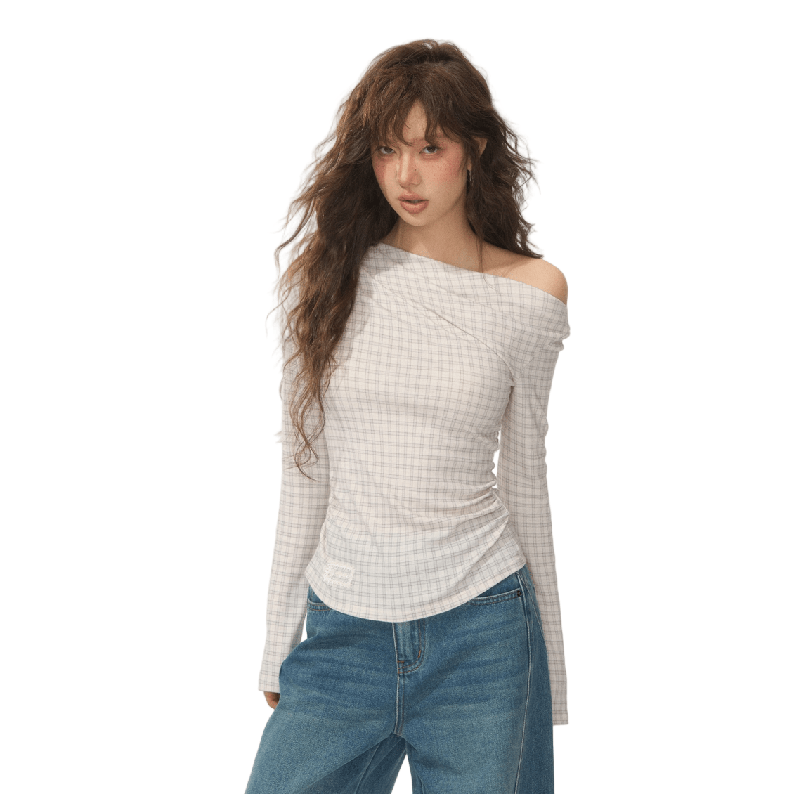 SOMESOWE Velvet Plaid Off Shoulder Pleated Long - sleeved T-shirt In Gray and White Plaid | MADAX
