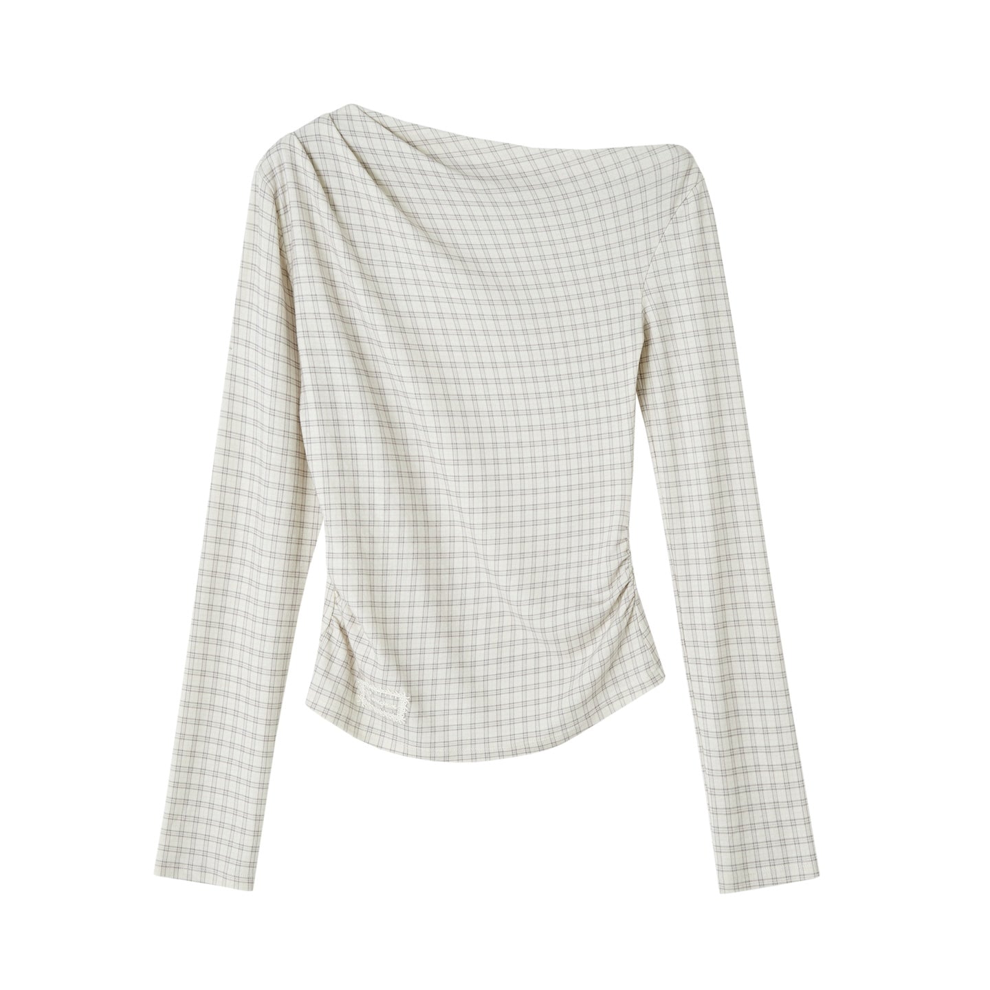 SOMESOWE Velvet Plaid Off Shoulder Pleated Long - sleeved T-shirt In Gray and White Plaid | MADAX