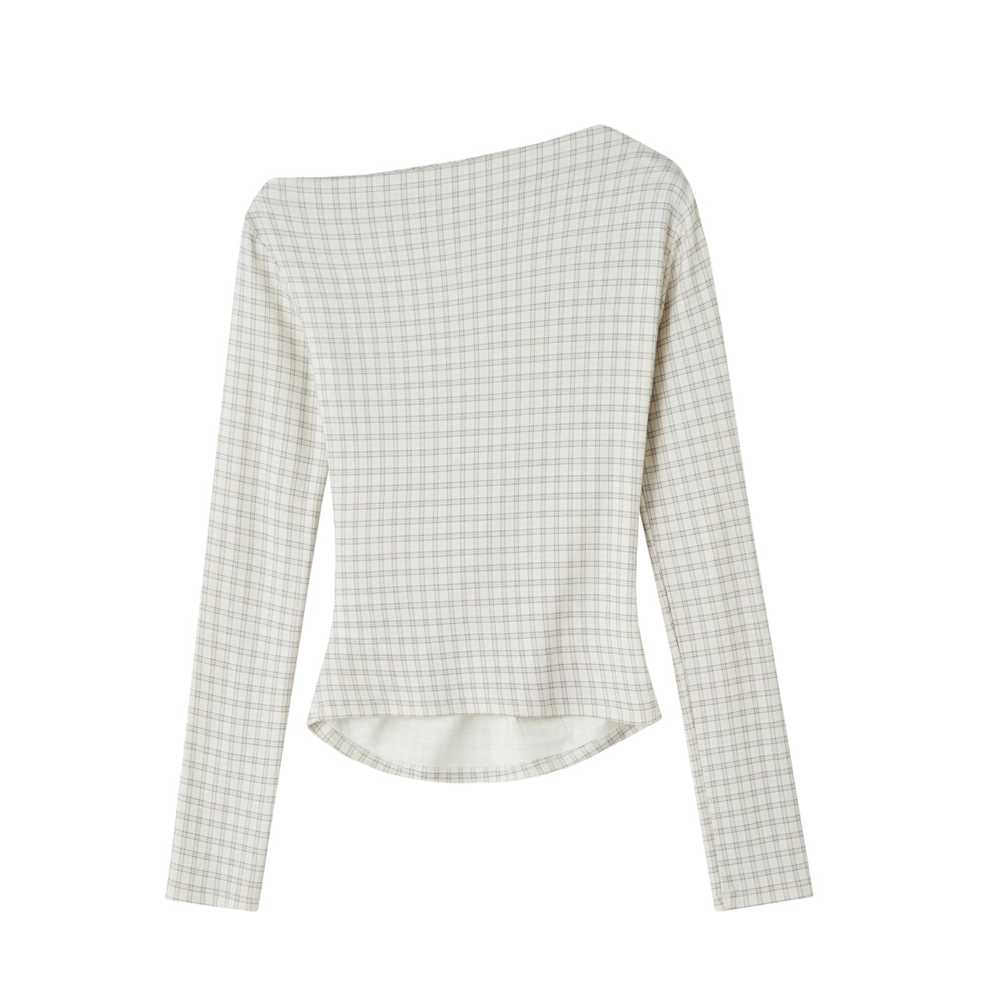 SOMESOWE Velvet Plaid Off Shoulder Pleated Long - sleeved T-shirt In Gray and White Plaid | MADAX