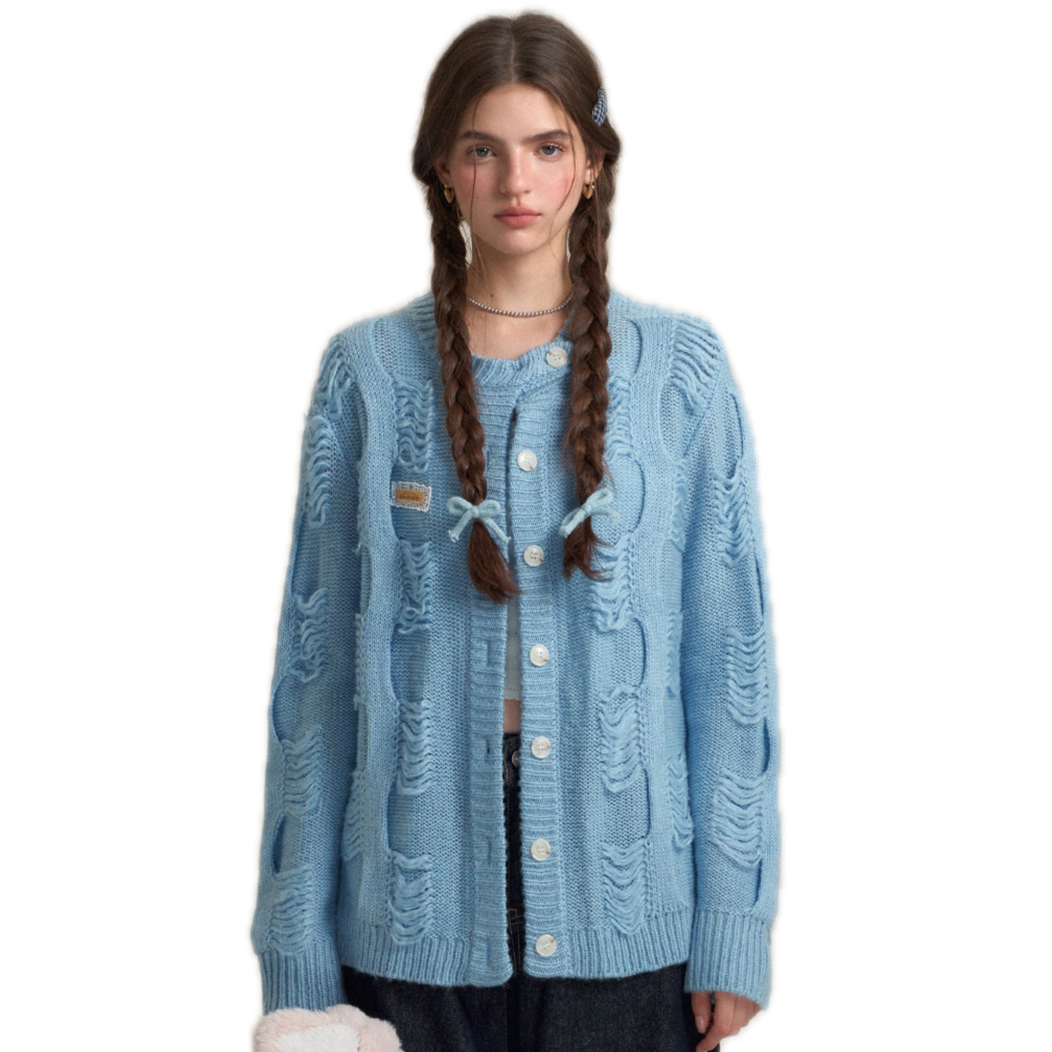 SOMESOWE Vintage Destroyed Knitted Jacket In Blue | MADAX