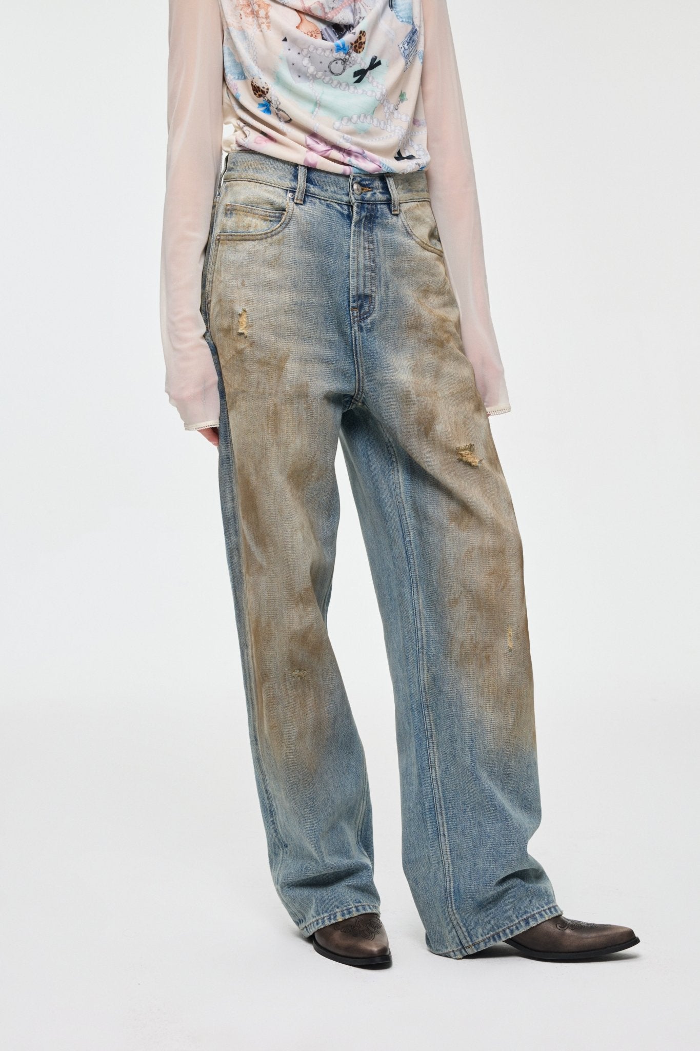 Alexia Sandra Vintage Faded Dirty Mud - Dyed Straight - Leg Jeans In Blue | MADAX