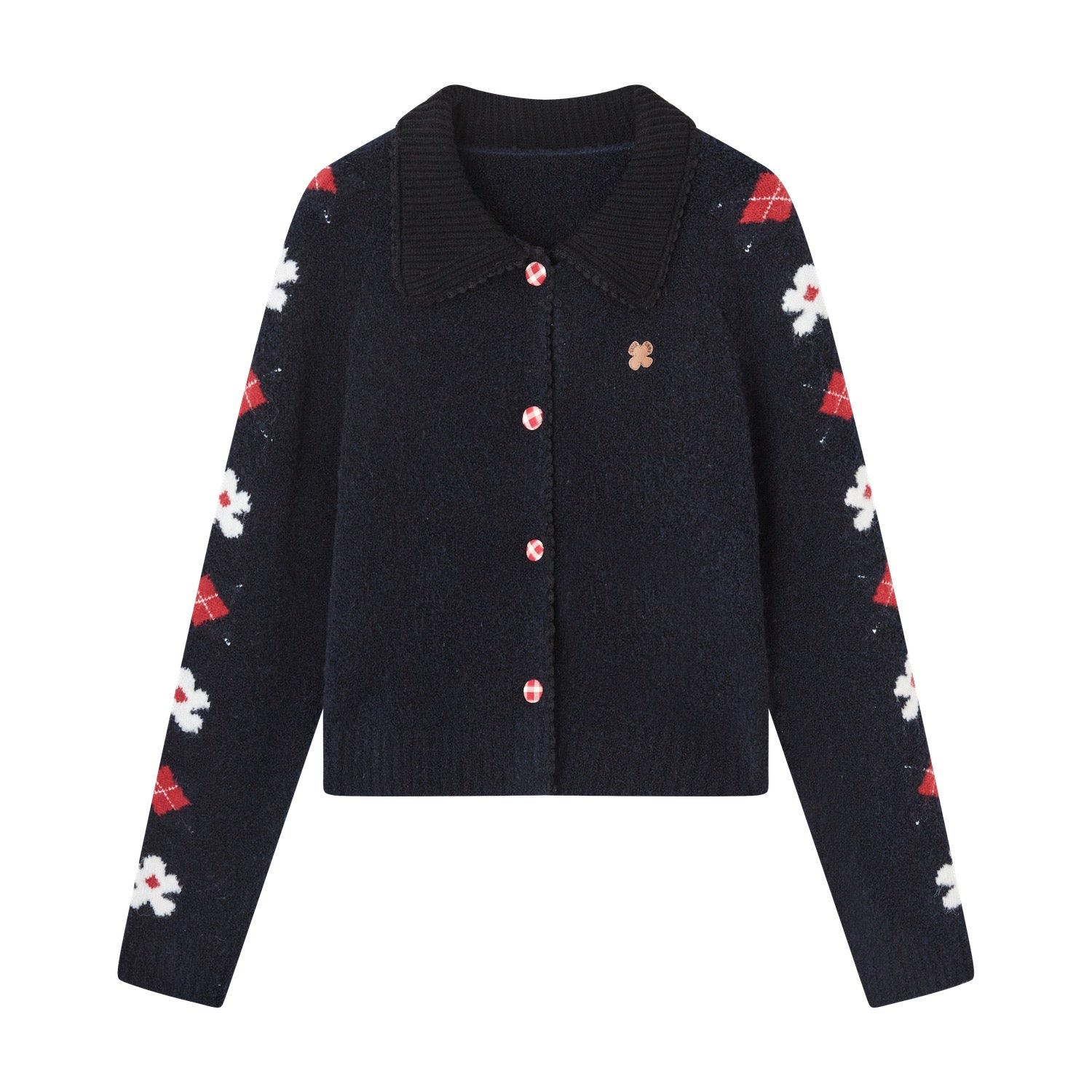 SOMESOWE Vintage Floral Jacquard Collar Cardigan in Navy Blue | MADAX