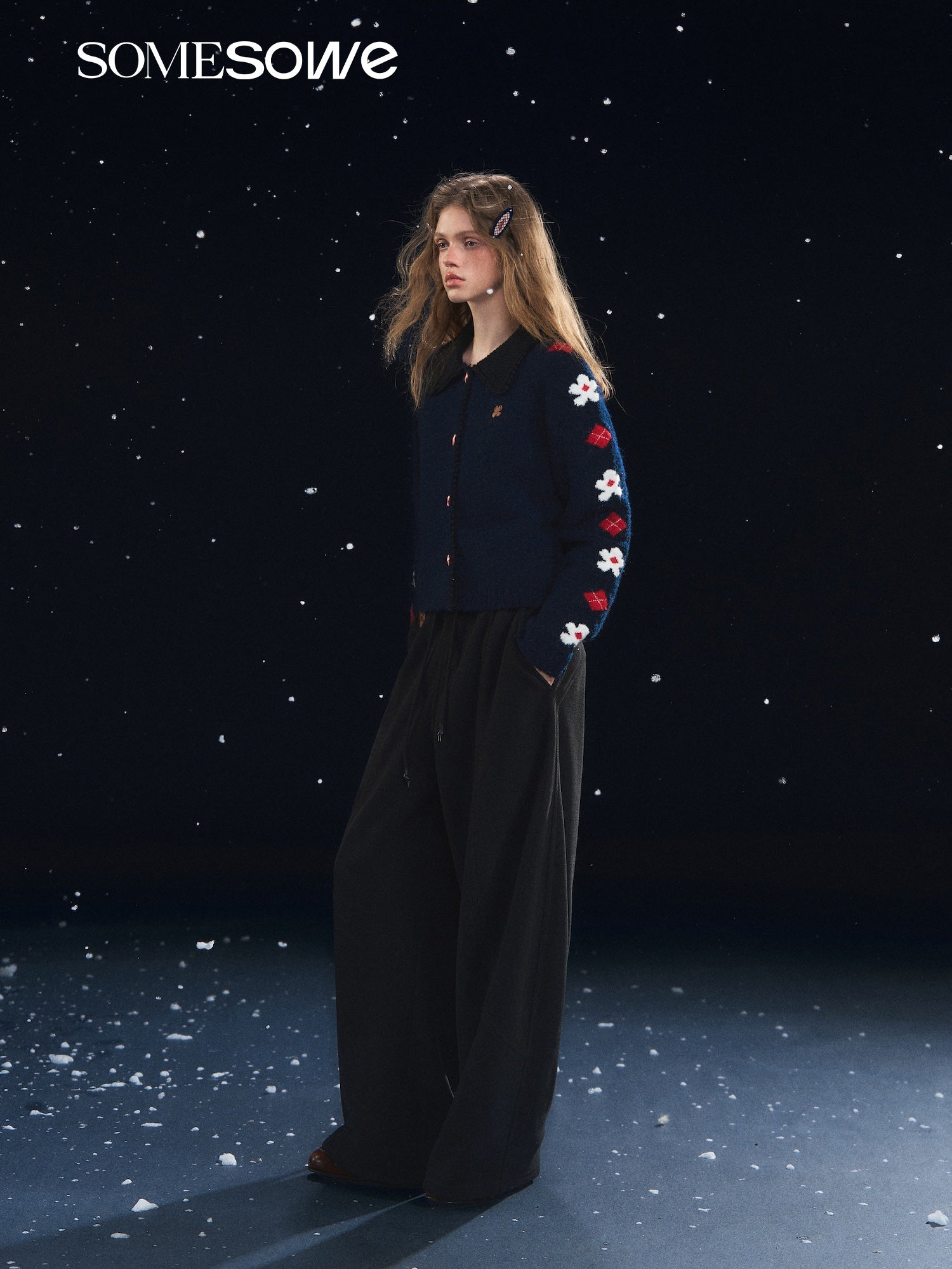 SOMESOWE Vintage Floral Jacquard Collar Cardigan in Navy Blue | MADAX
