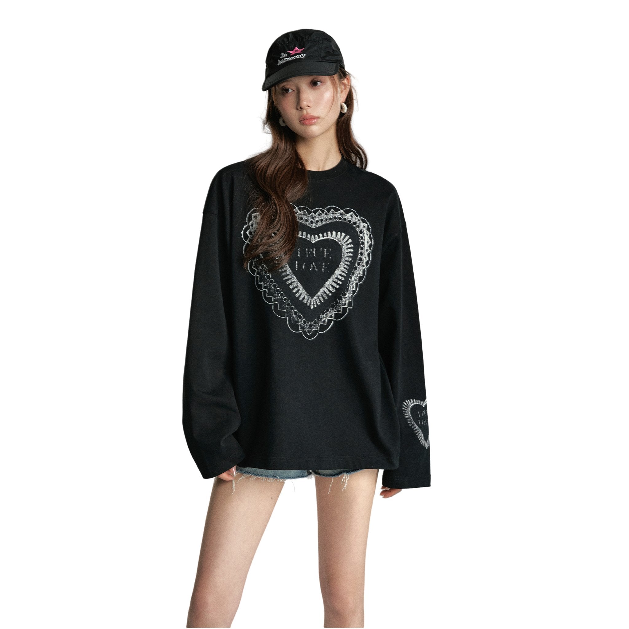 SOMESOWE Vintage Lace Love Cotton Long sleeved T-shirt in Black | MADA IN CHINA